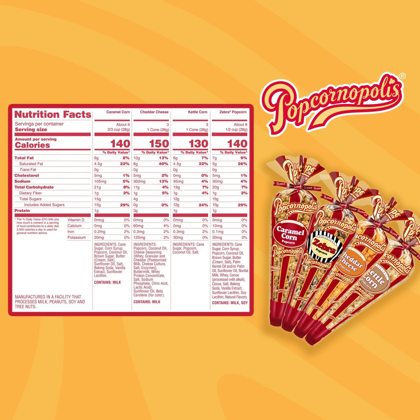 Popcornopolis Gourmet Popcorn Cone Variety Pack – Zebra, Cheddar Cheese, Caramel & Kettle Corn Popcorn, Great for Gifting & Sharing (12 - Count) - Fresh Hearth