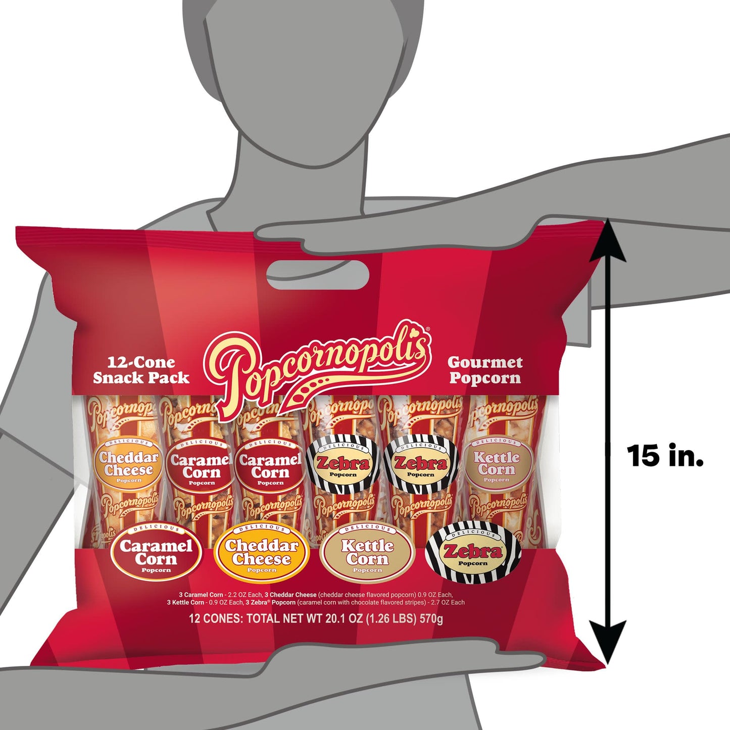 Popcornopolis Gourmet Popcorn Cone Variety Pack – Zebra, Cheddar Cheese, Caramel & Kettle Corn Popcorn, Great for Gifting & Sharing (12 - Count) - Fresh Hearth