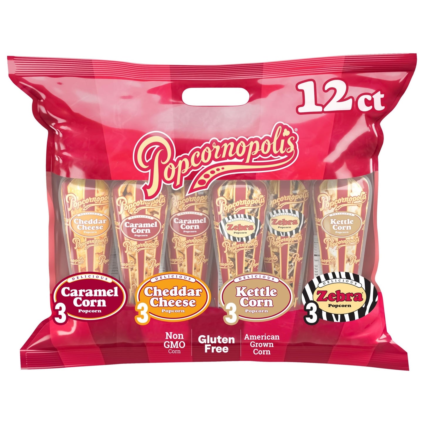 Popcornopolis Gourmet Popcorn Cone Variety Pack – Zebra, Cheddar Cheese, Caramel & Kettle Corn Popcorn, Great for Gifting & Sharing (12 - Count) - Fresh Hearth