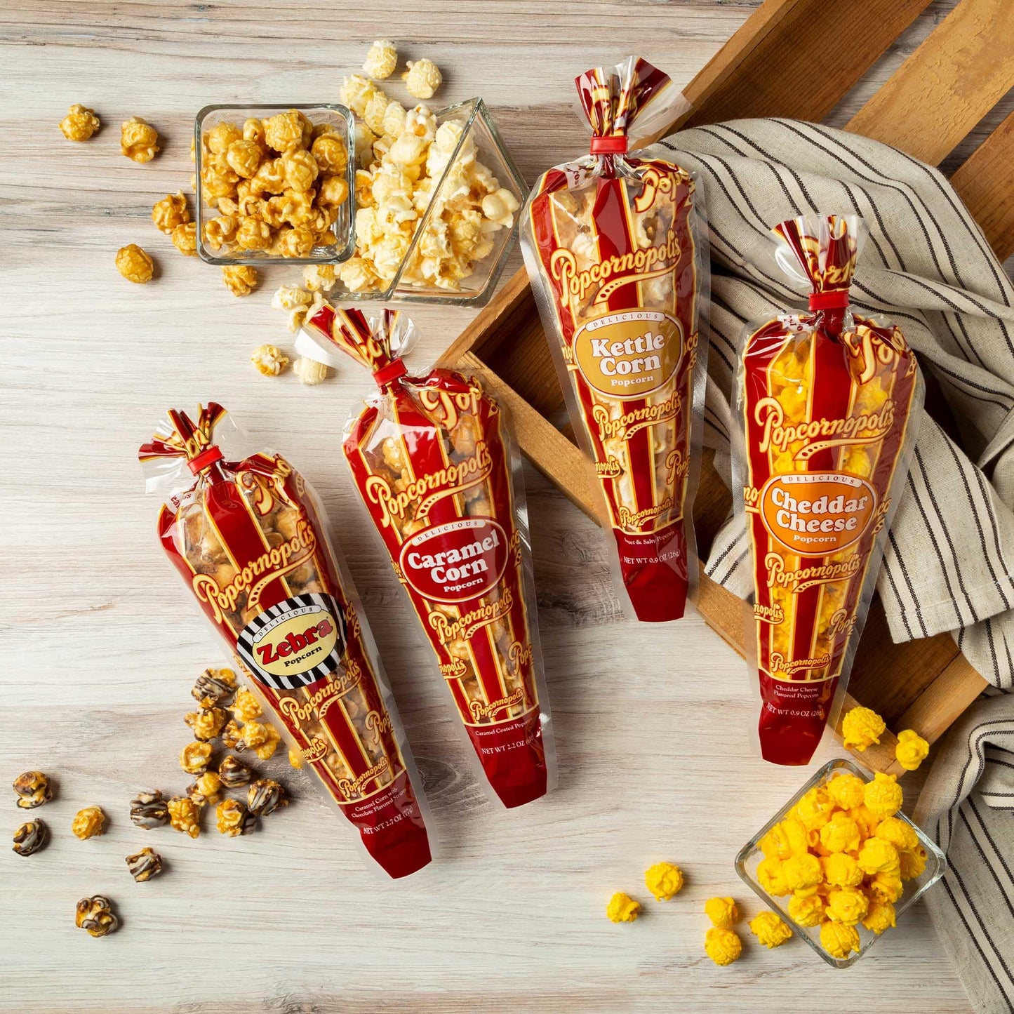 Popcornopolis Gourmet Popcorn Cone Variety Pack – Zebra, Cheddar Cheese, Caramel & Kettle Corn Popcorn, Great for Gifting & Sharing (12 - Count) - Fresh Hearth