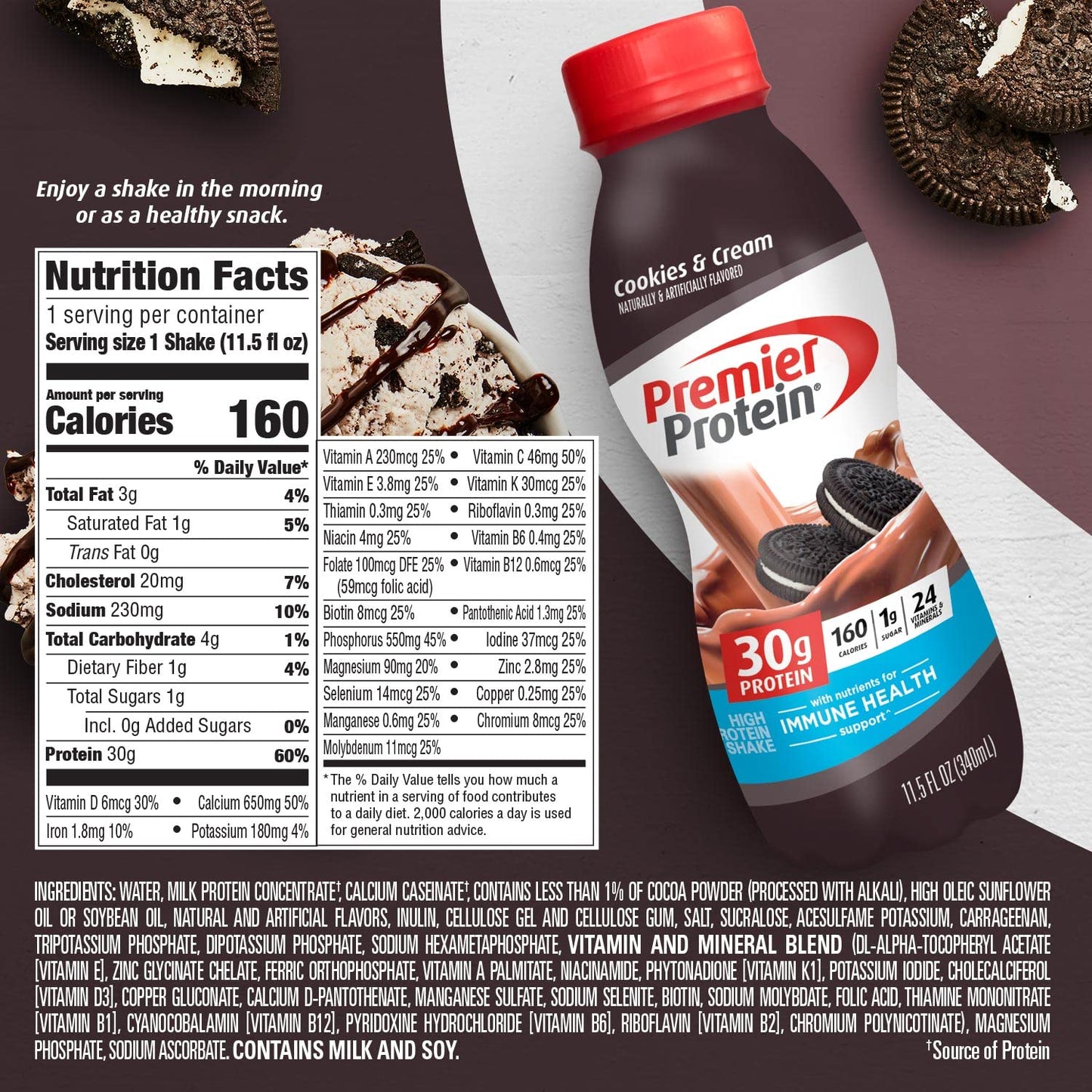 Premier Protein Shake, Cookies & Cream, 30g Protein, 1g Sugar, 24 Vitamins & Minerals, Nutrients to Support Immune Health 11.5 fl oz (12 Pack) - Fresh Hearth