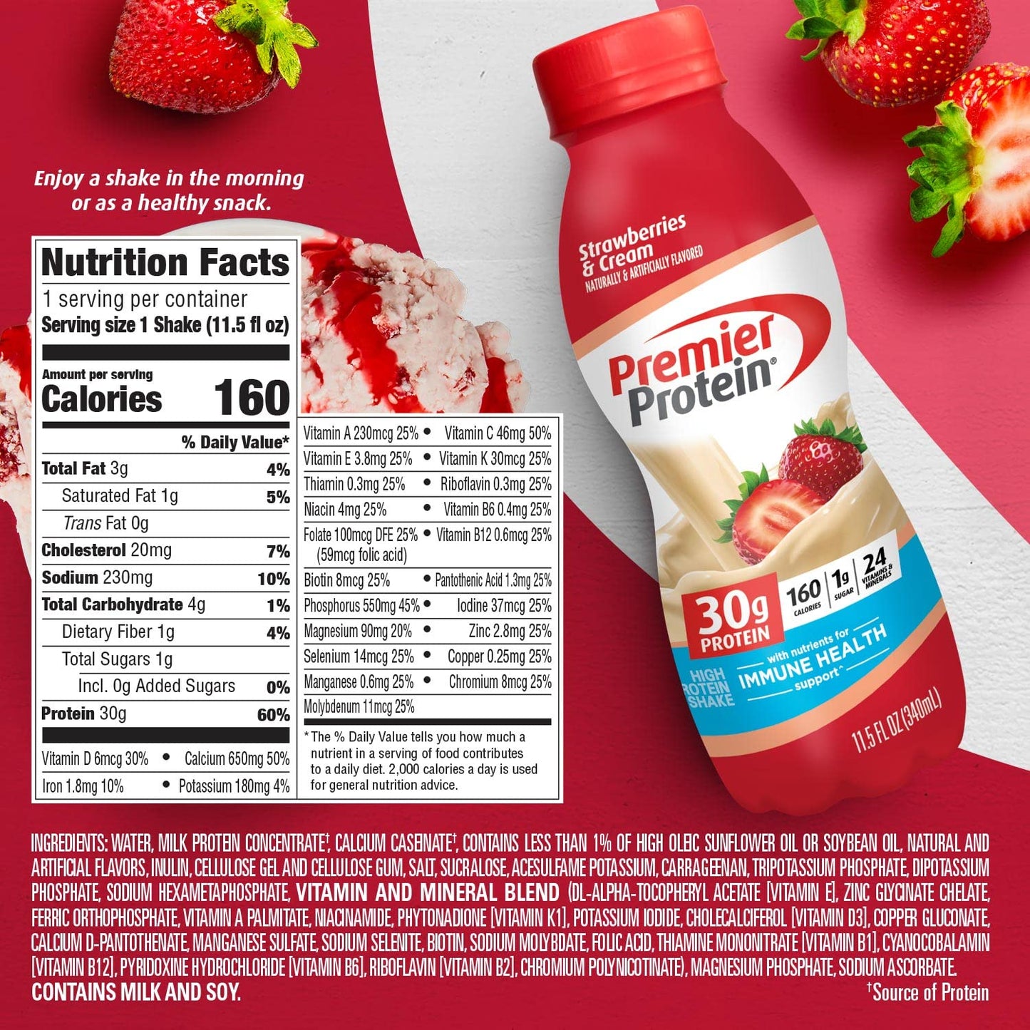 Premier Protein Shake, Strawberries & Cream, 30g Protein 1g Sugar 24 Vitamins Minerals Nutrients to Support Immune Health, 11.5 fl oz (Pack of 12) - Fresh Hearth