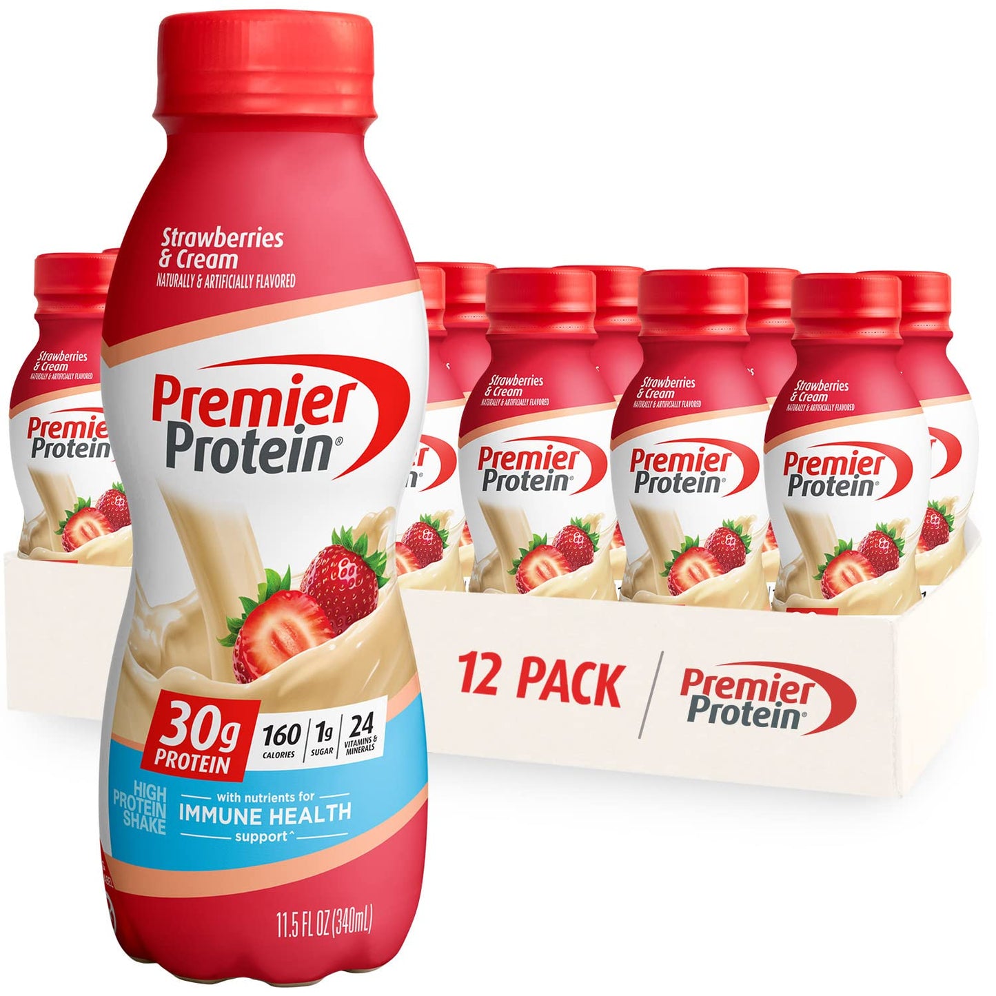 Premier Protein Shake, Strawberries & Cream, 30g Protein 1g Sugar 24 Vitamins Minerals Nutrients to Support Immune Health, 11.5 fl oz (Pack of 12) - Fresh Hearth