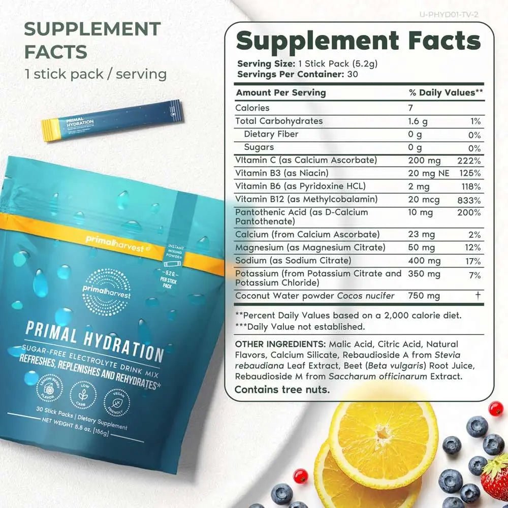 Primal Harvest Electrolytes Powder Packets Primal Hydration, Easy Open Packets, Energy Drink Mix (Lemon Berry, 30 Packs) (1 Bag) - Fresh Hearth