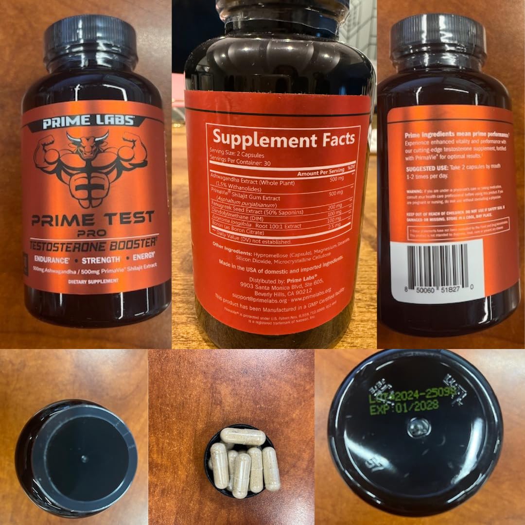 Prime Labs Prime Test Pro - Testosterone Supplement for Men - Test, Vitality, & Energy Booster - with Ashwagandha, PrimaVie Shilajit Extract, & DIM - 60 Capsules - Fresh Hearth