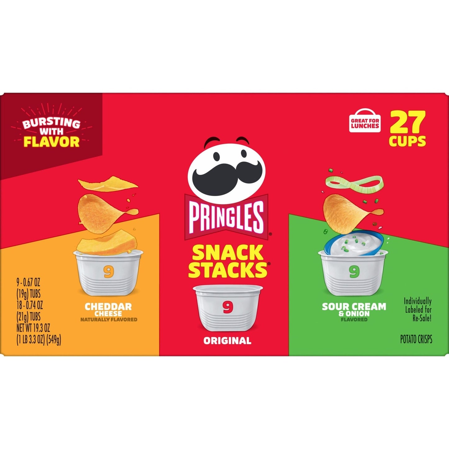 Pringles Potato Crisps Chips, On - the - Go Snacks, Snack Stacks, Variety Pack, 19.3oz Box (27 Cups) - Fresh Hearth