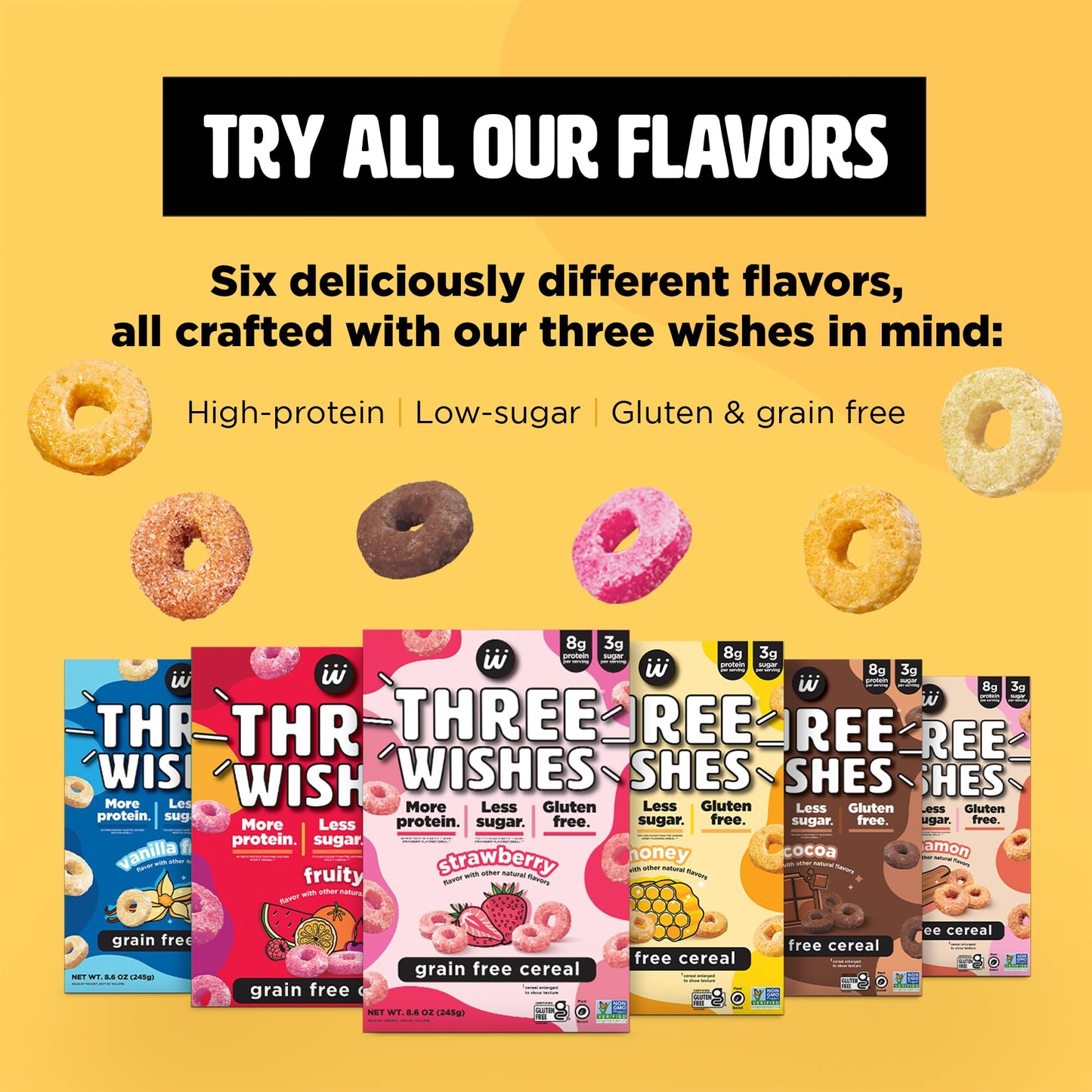 Protein and Gluten - Free Breakfast Cereal by Three Wishes - Variety Pack, 6 Pack - More Protein and Less Sugar Snack - Kosher, Vegan - Frosted, Fruity, Cocoa, Strawberry, Honey & Cinnamon - Fresh Hearth