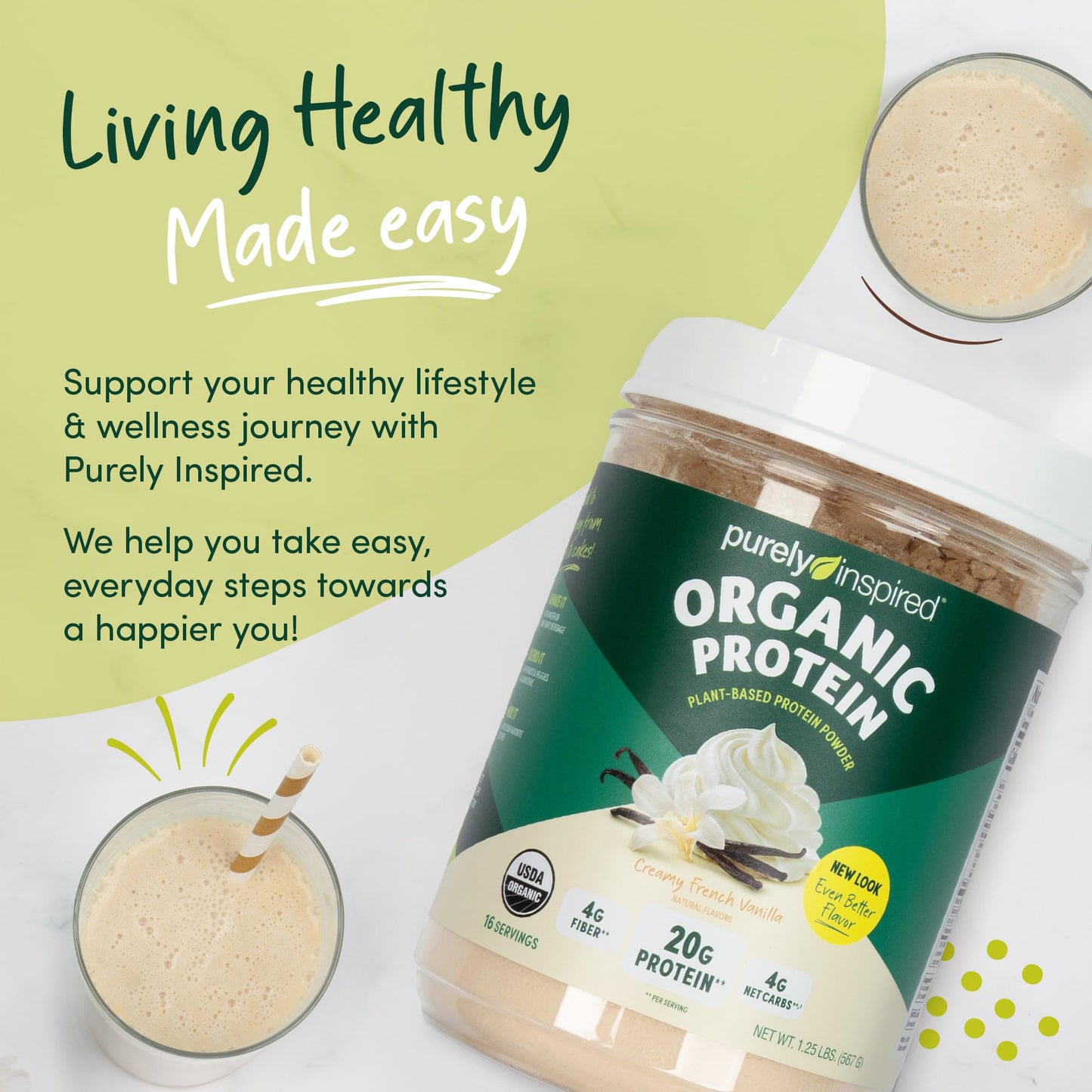 Purely Inspired Plant - Based Protein Powder for Men & Women, Creamy French Vanilla (16 Servings) - Vegan & Organic - 20g of Pea Protein Powder for Smoothies & Shakes - Dairy - Free, & Gluten - Free - Fresh Hearth