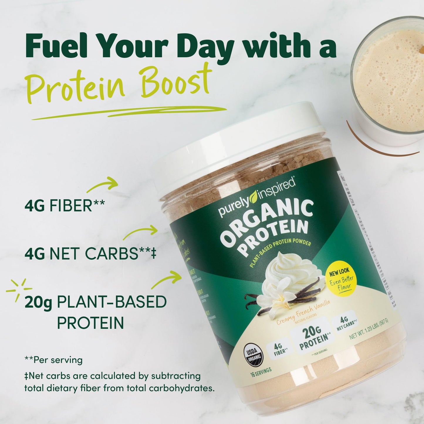 Purely Inspired Plant - Based Protein Powder for Men & Women, Creamy French Vanilla (16 Servings) - Vegan & Organic - 20g of Pea Protein Powder for Smoothies & Shakes - Dairy - Free, & Gluten - Free - Fresh Hearth