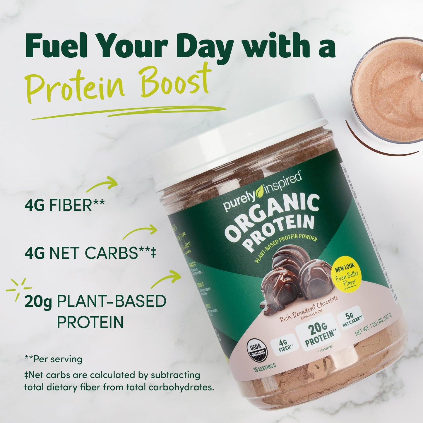 Purely Inspired Plant - Based Protein Powder for Men & Women, Rich Decadent Chocolate (16 Servings) - Vegan & Organic - 20g of Pea Protein Powder for Smoothies & Shakes - Dairy - Free, & Gluten - Free - Fresh Hearth