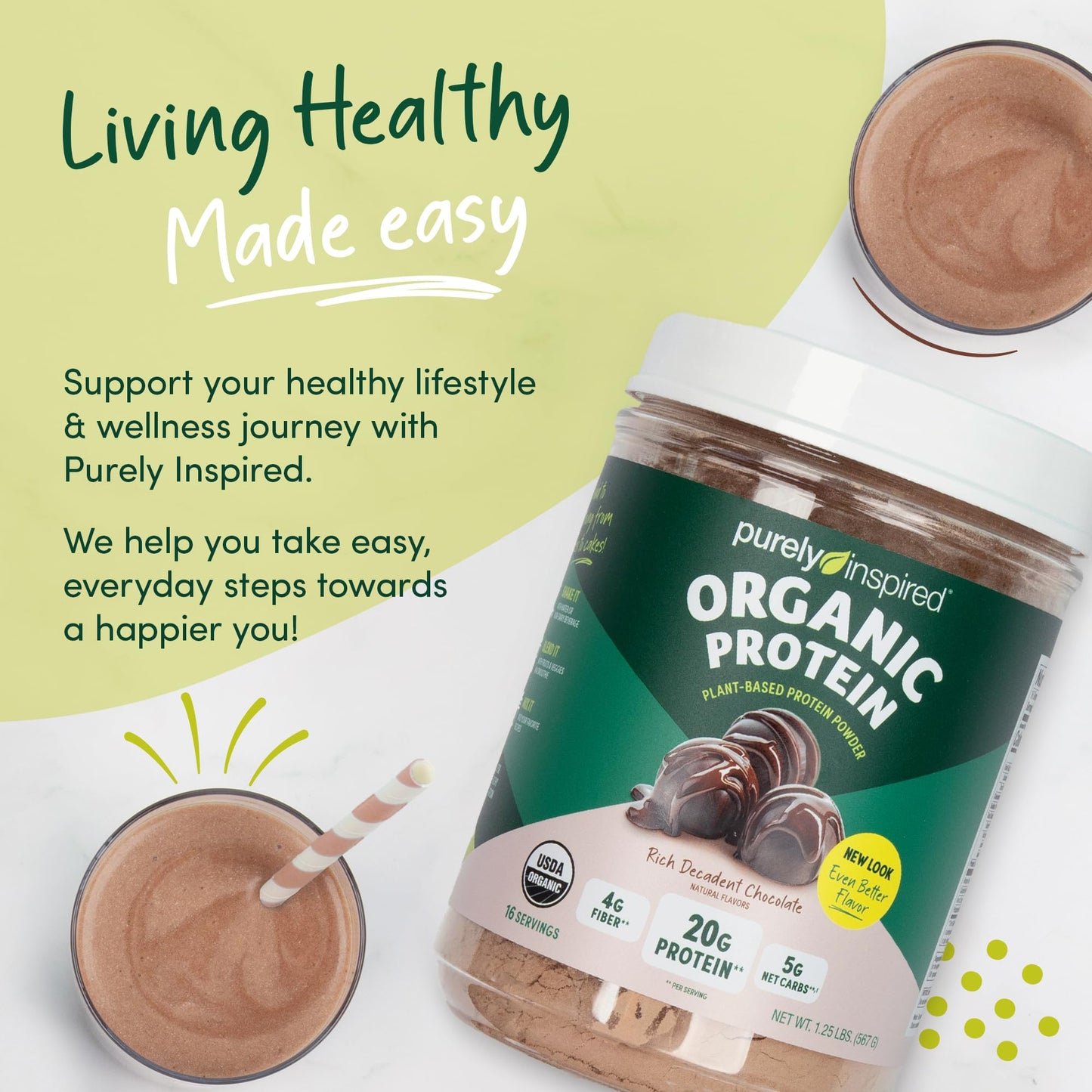 Purely Inspired Plant - Based Protein Powder for Men & Women, Rich Decadent Chocolate (16 Servings) - Vegan & Organic - 20g of Pea Protein Powder for Smoothies & Shakes - Dairy - Free, & Gluten - Free - Fresh Hearth