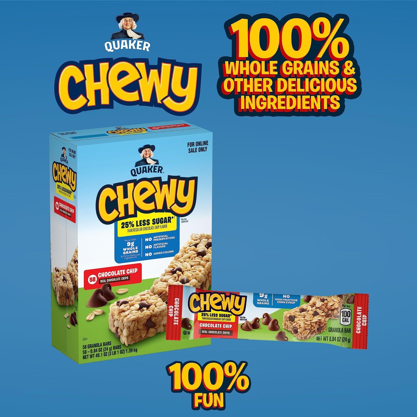 Quaker Chewy Lower Sugar Granola Bars, Chocolate Chip, 58 Count - Fresh Hearth