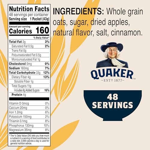 Quaker Instant Oatmeal, Apples and Cinnamon, Individual Packets (48 Count of 1.51 oz Packets), 72.48 oz - Fresh Hearth
