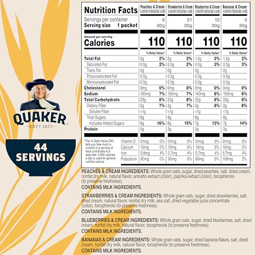 Quaker Instant Oatmeal Fruit & Cream Variety Pack, Single Serve Packets, (44 Pack) - Fresh Hearth