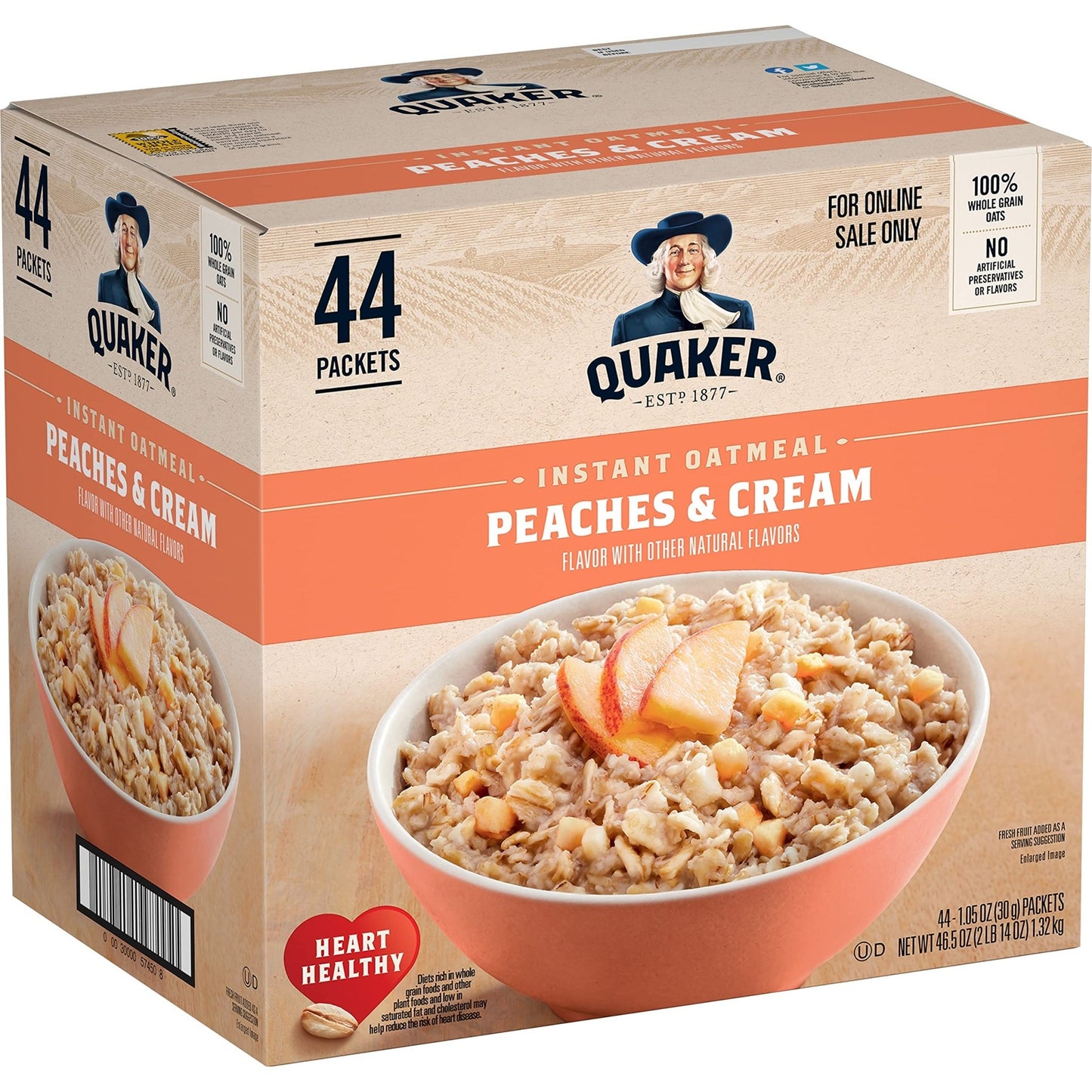 Quaker Instant Oatmeal, Peaches & Cream, 1.05oz, 44 Counts (Pack of 1) - Fresh Hearth