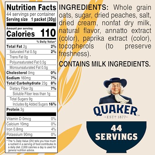 Quaker Instant Oatmeal, Peaches & Cream, 1.05oz, 44 Counts (Pack of 1) - Fresh Hearth