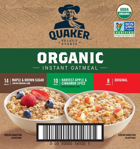 QUAKER Instant Oatmeal, USDA Organic, Non - GMO Project Verified, 3 Flavor Variety Pack, Individual Packets, 32 Count (Pack of 1) - Fresh Hearth
