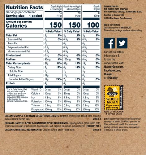 QUAKER Instant Oatmeal, USDA Organic, Non - GMO Project Verified, 3 Flavor Variety Pack, Individual Packets, 32 Count (Pack of 1) - Fresh Hearth