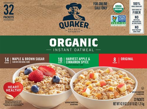 QUAKER Instant Oatmeal, USDA Organic, Non - GMO Project Verified, 3 Flavor Variety Pack, Individual Packets, 32 Count (Pack of 1) - Fresh Hearth