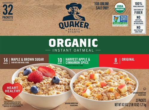 QUAKER Instant Oatmeal, USDA Organic, Non - GMO Project Verified, 3 Flavor Variety Pack, Individual Packets, 32 Count (Pack of 1) - Fresh Hearth