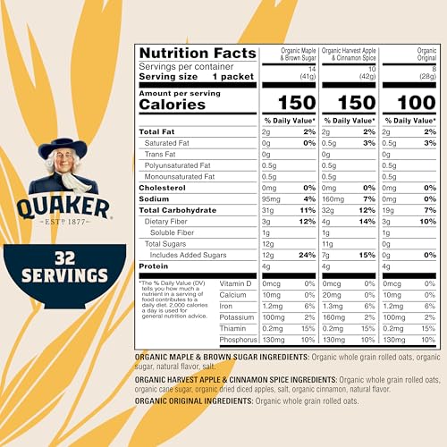 QUAKER Instant Oatmeal, USDA Organic, Non - GMO Project Verified, 3 Flavor Variety Pack, Individual Packets, 32 Count (Pack of 1) - Fresh Hearth