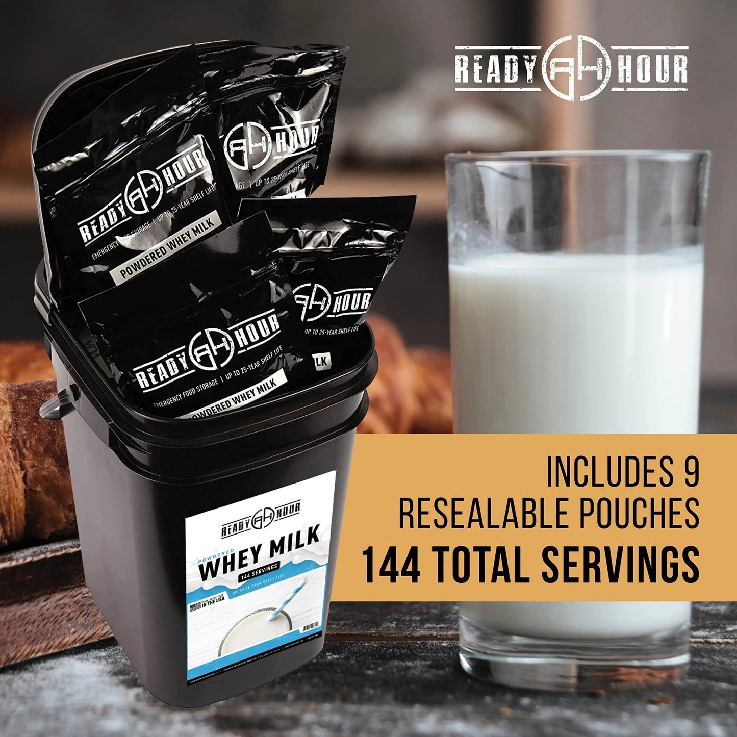 Ready Hour, Bulk Powdered Milk, Real Non - Perishable Whey, 25 - Year Shelf Life, Portable Emergency and Adventure Food Supply, Durable Flood Safe Container, 144 Servings - Fresh Hearth