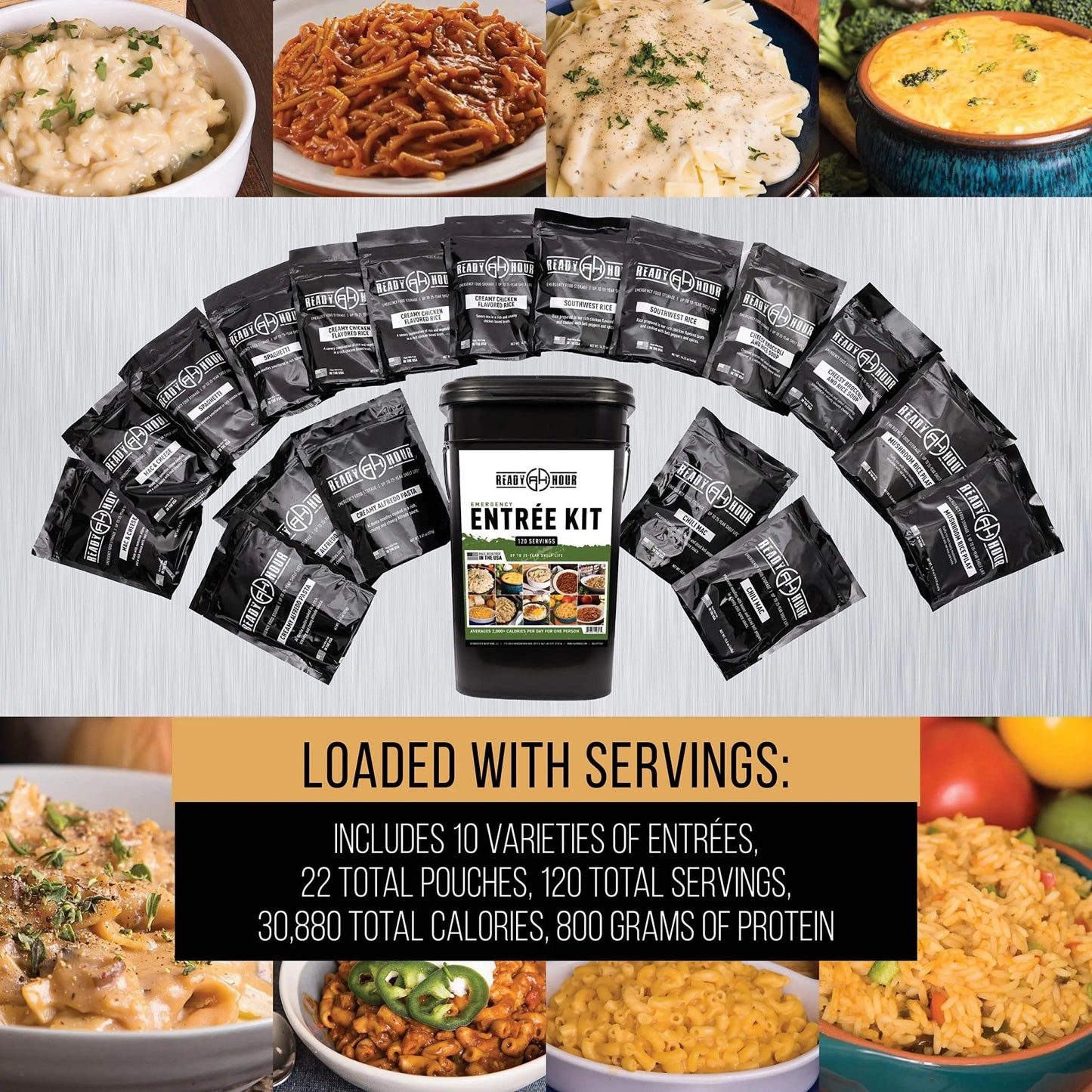 Ready Hour, Emergency Meal Entrées, Real Non - Perishable Meals, 25 - Year Shelf Life, Portable Flood - Safe Container, 120 Servings - Fresh Hearth
