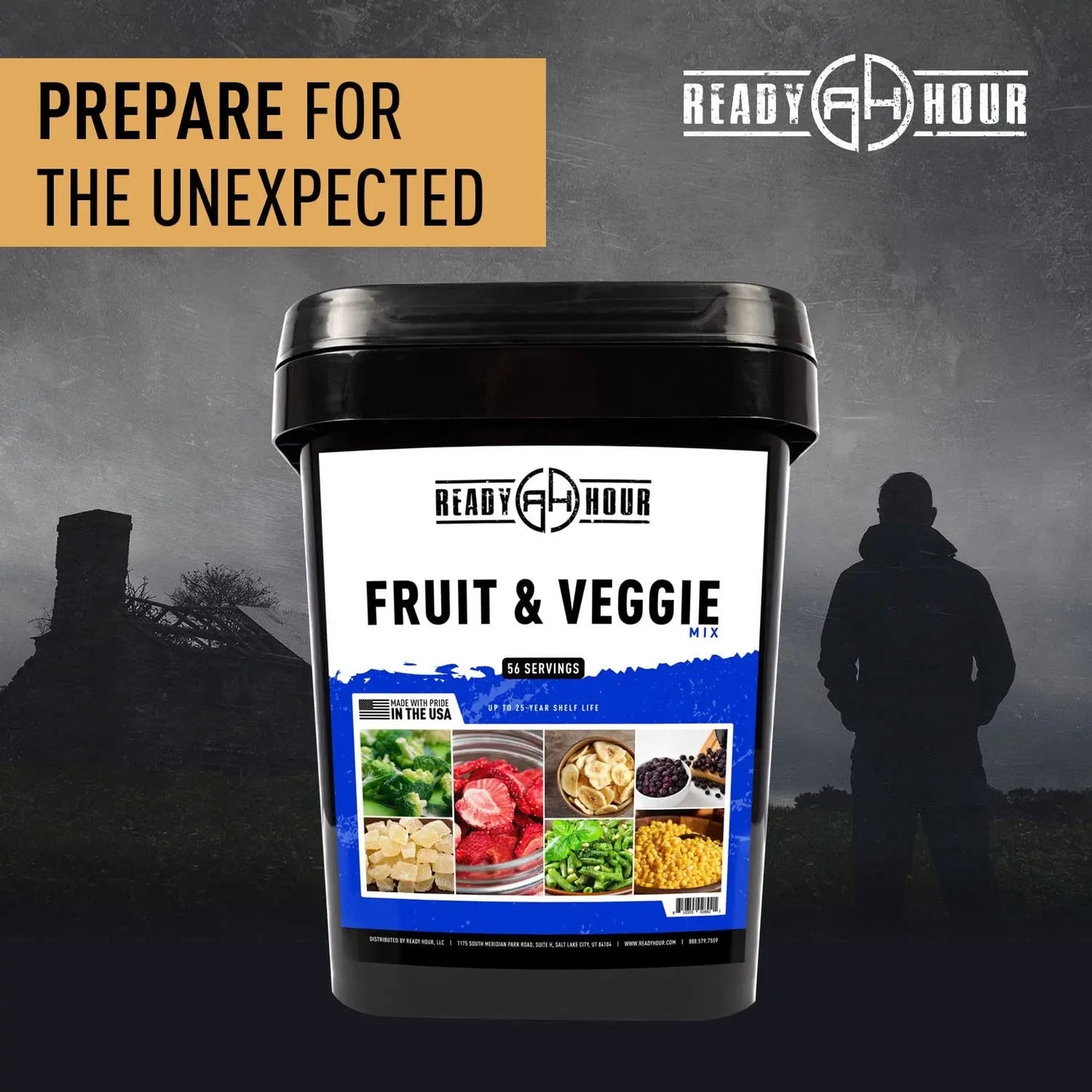 Ready Hour, Fruit & Veggie Mix, Non - Perishable Freeze - Dried Food, 30 - Year Shelf Life, Portable Emergency and Adventure Food Supply, Durable Flood Safe Container, 56 Servings - Fresh Hearth
