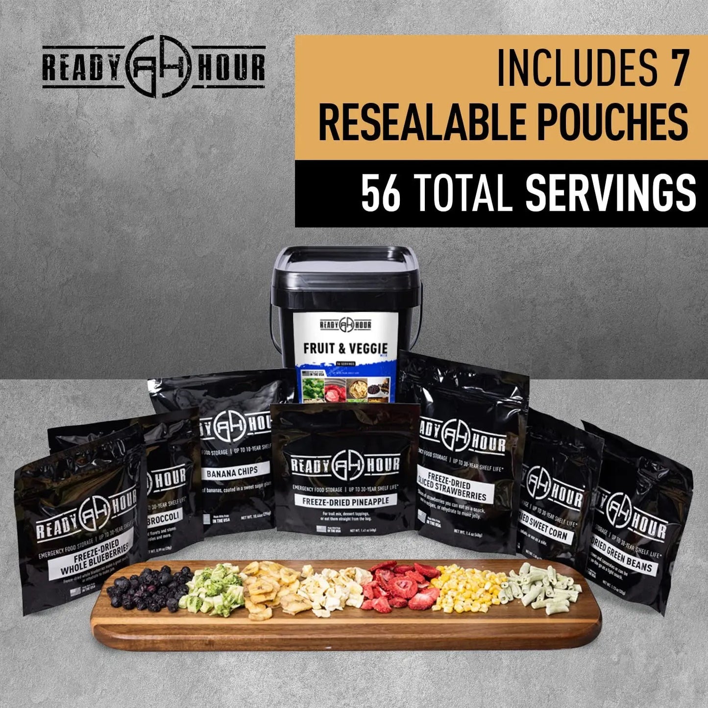Ready Hour, Fruit & Veggie Mix, Non - Perishable Freeze - Dried Food, 30 - Year Shelf Life, Portable Emergency and Adventure Food Supply, Durable Flood Safe Container, 56 Servings - Fresh Hearth