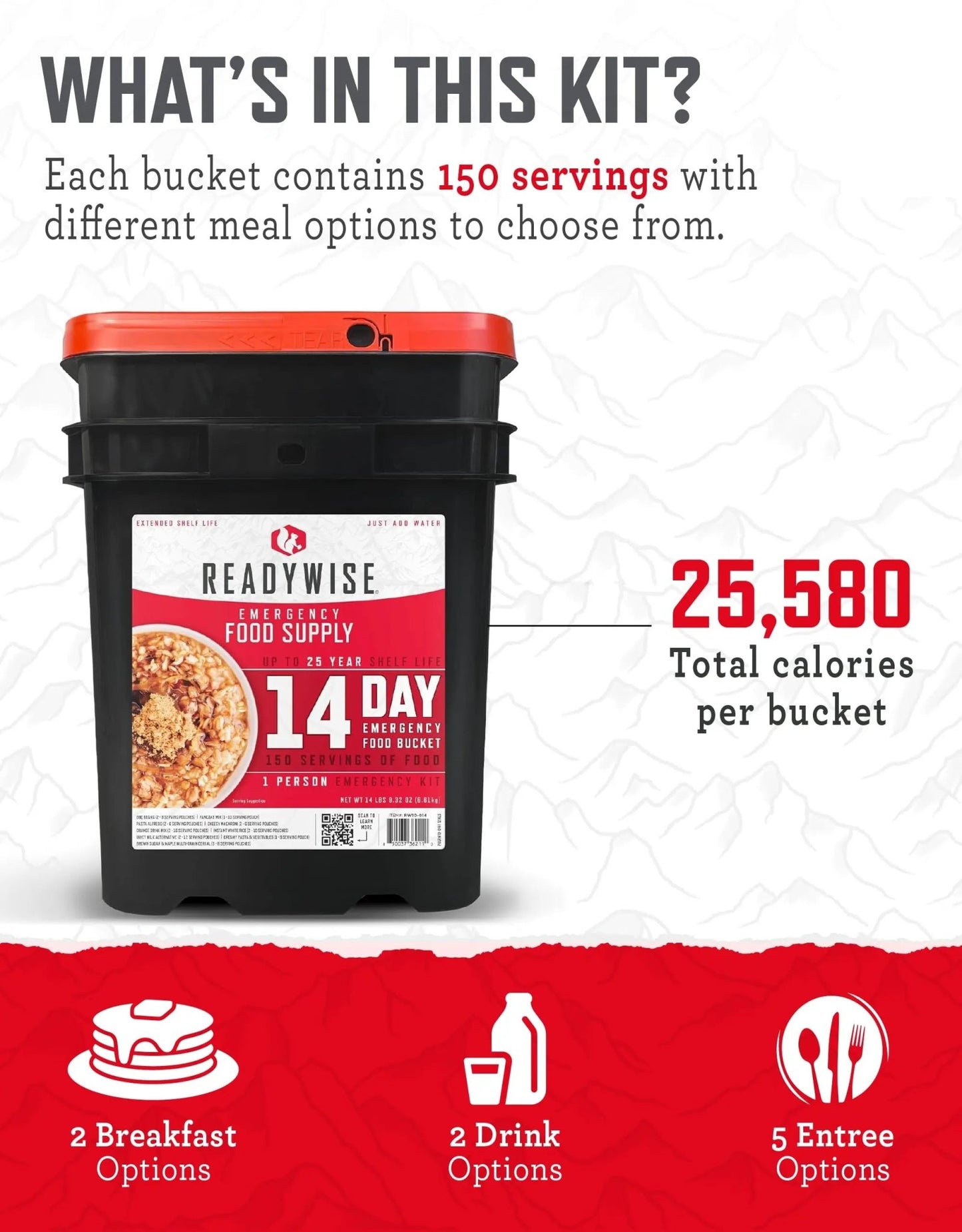 READYWISE - 14 Day, Emergency Food Supply, 150 Servings, 1 Bucket, Freeze Dried, MRE, Pre - made, Camping Essentials, Survival Kit, Food for Hiking, Adventure and Emergencies, 25 - Year Shelf Life - Fresh Hearth