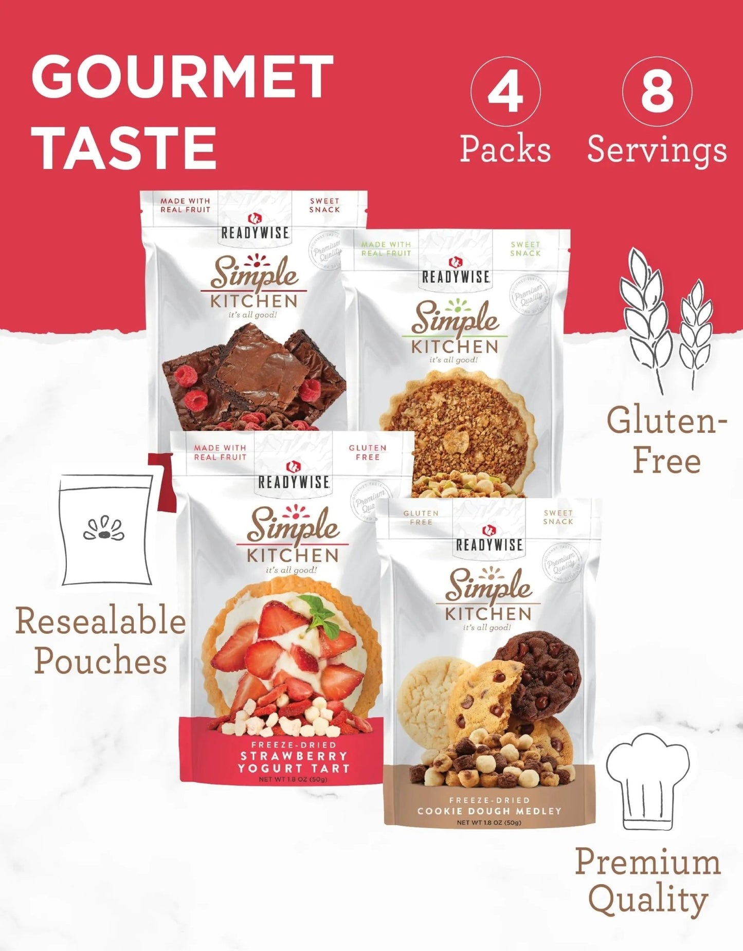 READYWISE - organic snacks - Simple Kitchen, Sweet Treats Variety Pack, 8 Servings, Pack of 4, Fruit Snacks, Healthy, Organic, Chips, Gluten Free Options, Camping, Hiking Snacks, Backpacking Food, Resealable Pouch - Fresh Hearth