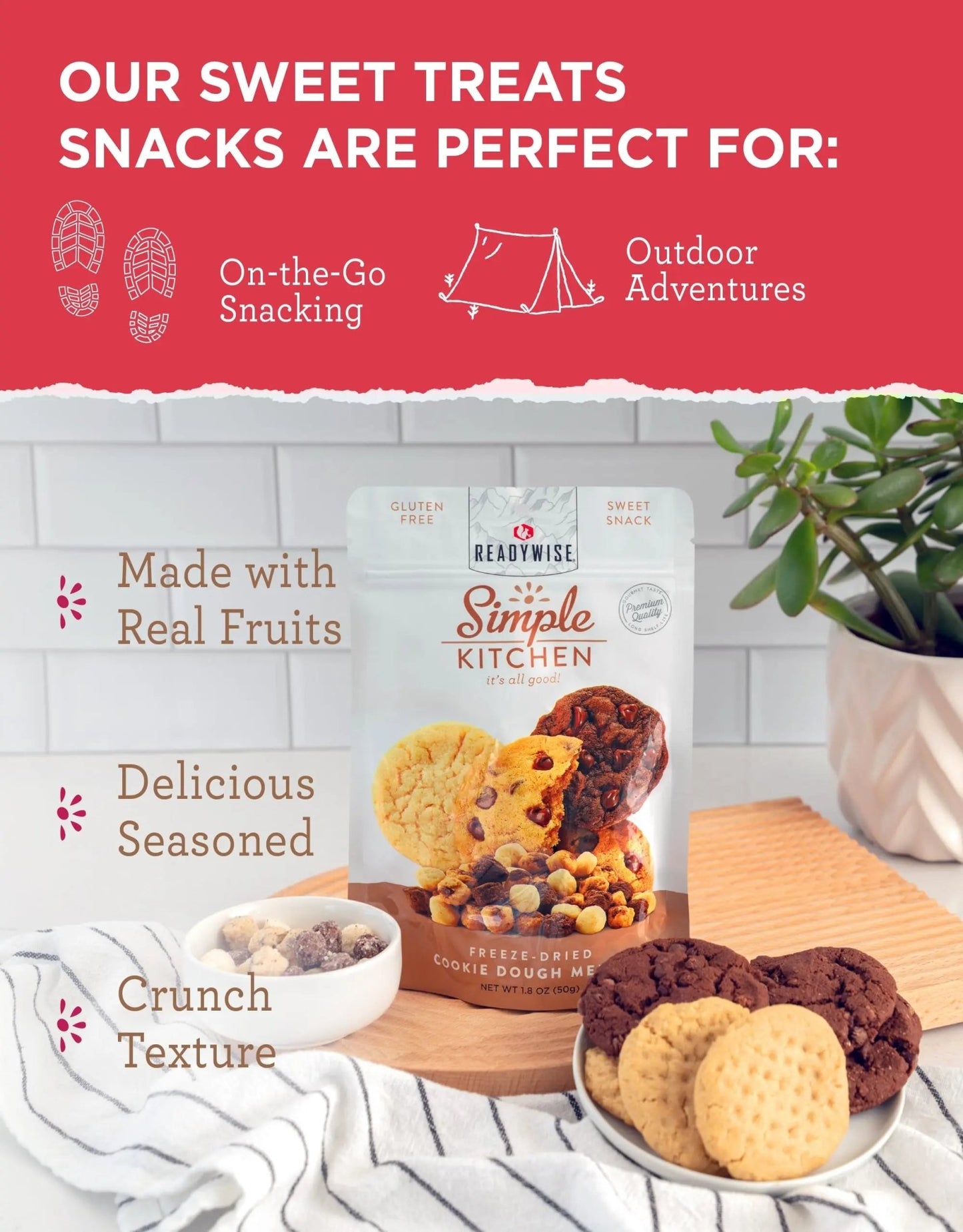 READYWISE - organic snacks - Simple Kitchen, Sweet Treats Variety Pack, 8 Servings, Pack of 4, Fruit Snacks, Healthy, Organic, Chips, Gluten Free Options, Camping, Hiking Snacks, Backpacking Food, Resealable Pouch - Fresh Hearth