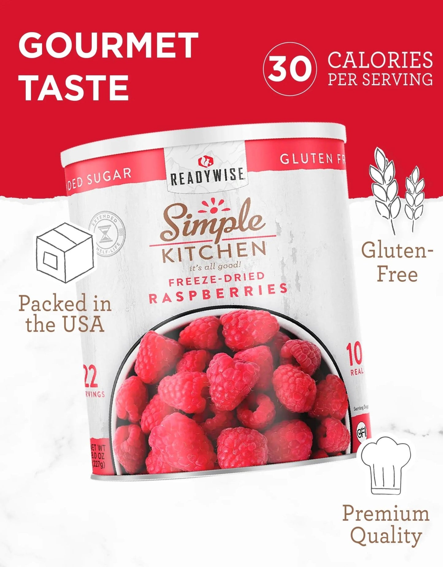 READYWISE - Simple Kitchen Freeze Dried Raspberries, 22 Servings, Vegan, Gluten Free, Healthy Snack, Survival Food, Dried Fruit, Raspberries - Fresh Hearth