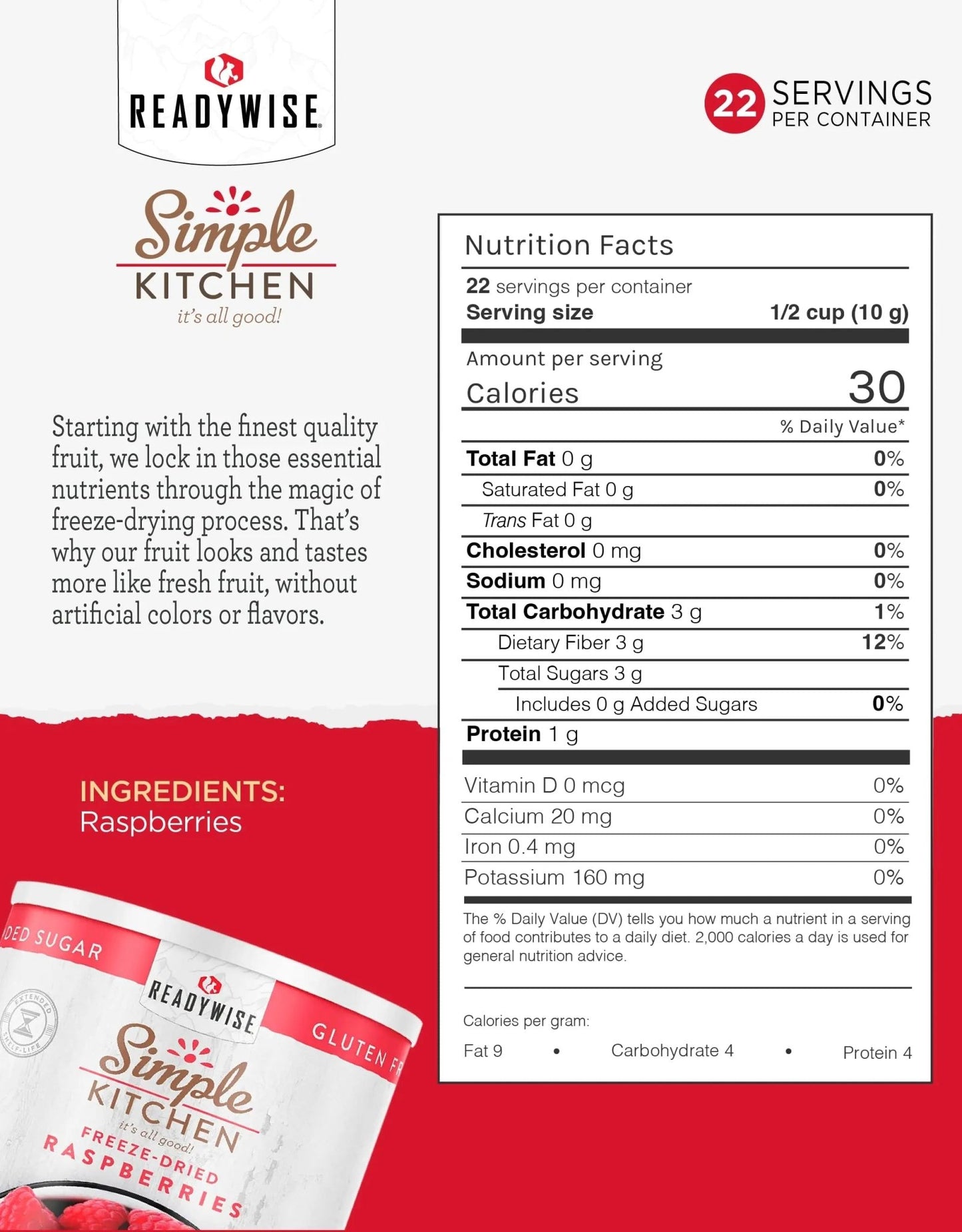 READYWISE - Simple Kitchen Freeze Dried Raspberries, 22 Servings, Vegan, Gluten Free, Healthy Snack, Survival Food, Dried Fruit, Raspberries - Fresh Hearth