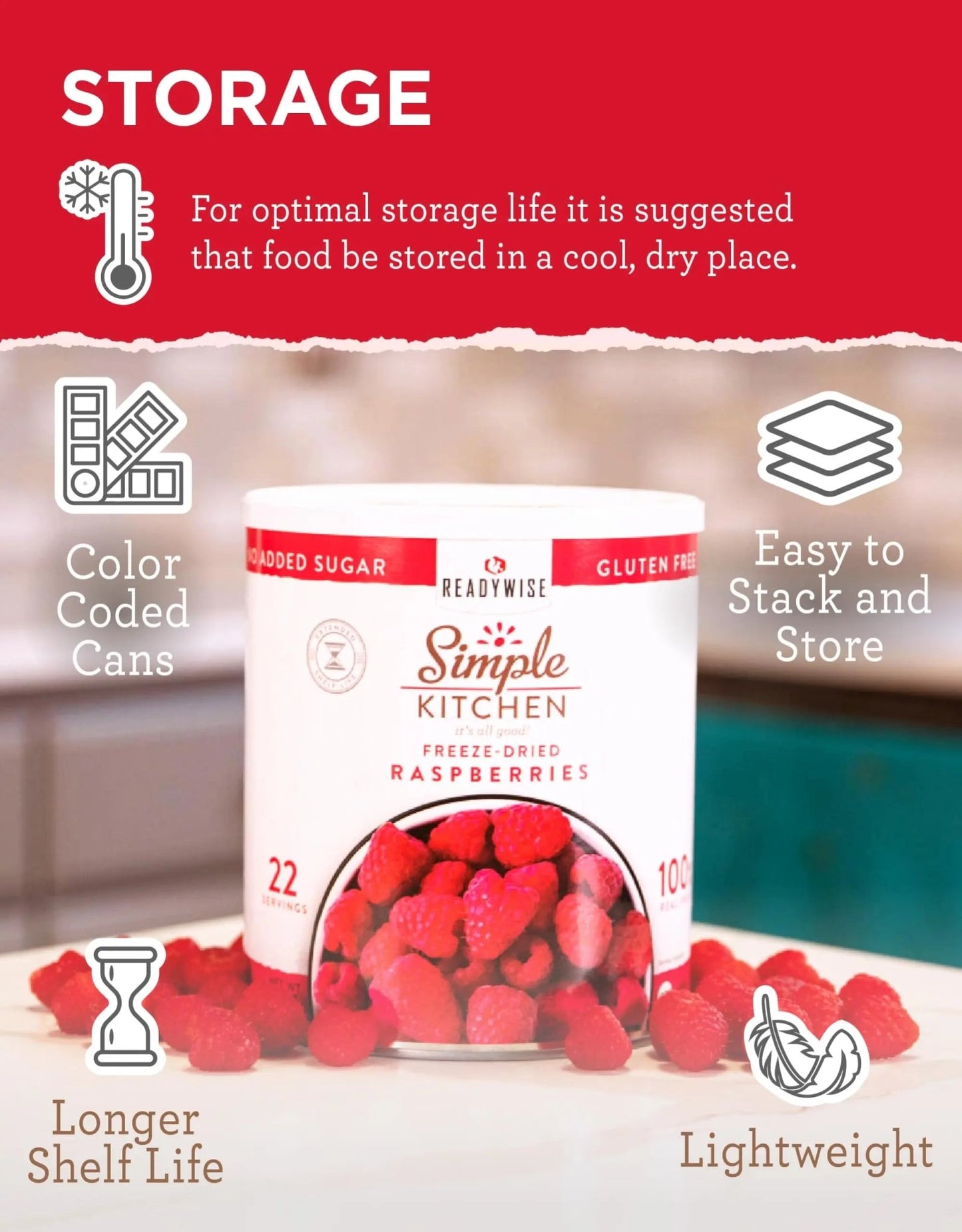 READYWISE - Simple Kitchen Freeze Dried Raspberries, 22 Servings, Vegan, Gluten Free, Healthy Snack, Survival Food, Dried Fruit, Raspberries - Fresh Hearth
