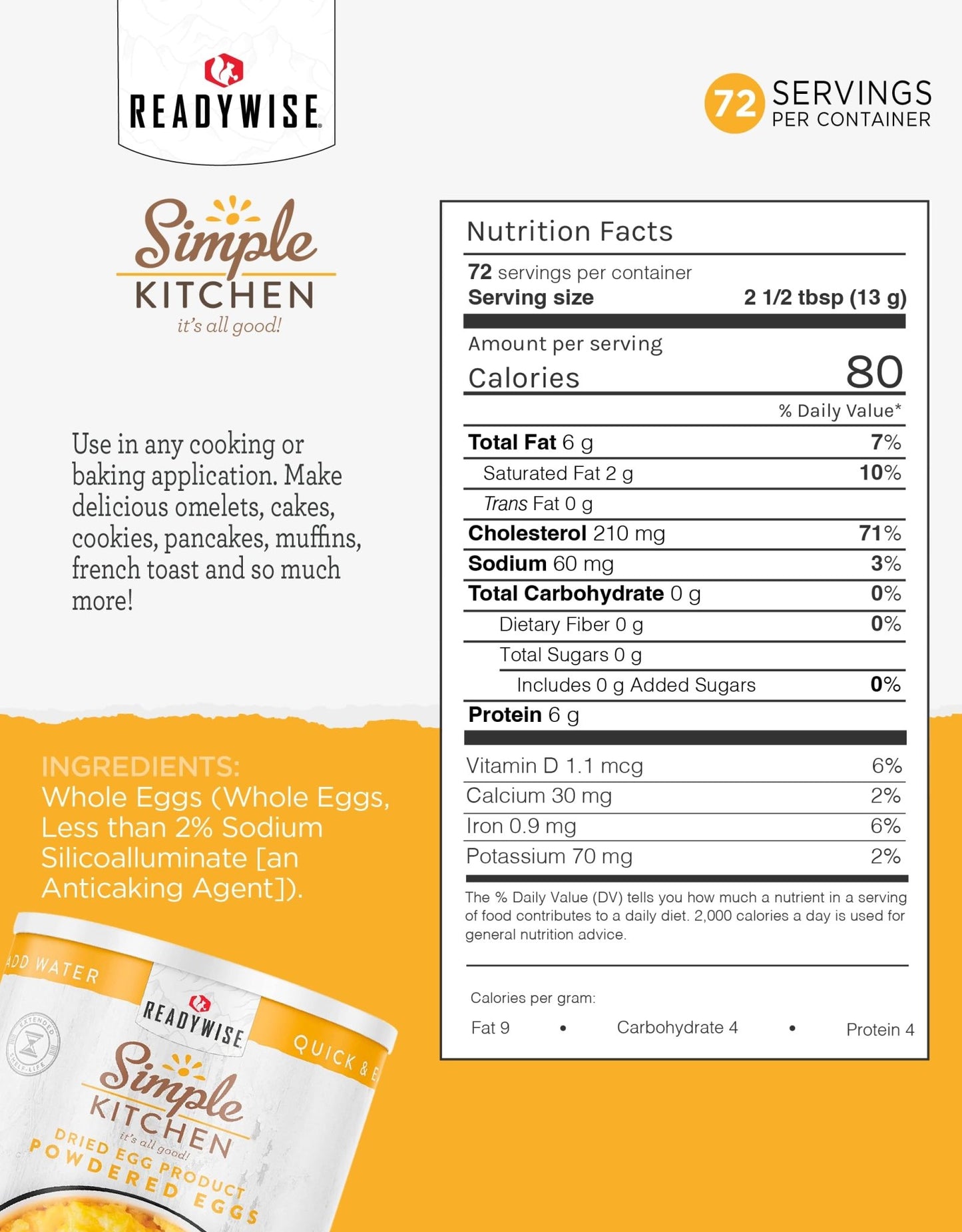 READYWISE - Simple Kitchen, Powdered Eggs, 72 Servings, Emergency Supply, Dehydrated Food, Baking Supplies, Camping Meals, Survival Food, 10 Can Egg Powder, Dehydrated Eggs Powder - Fresh Hearth