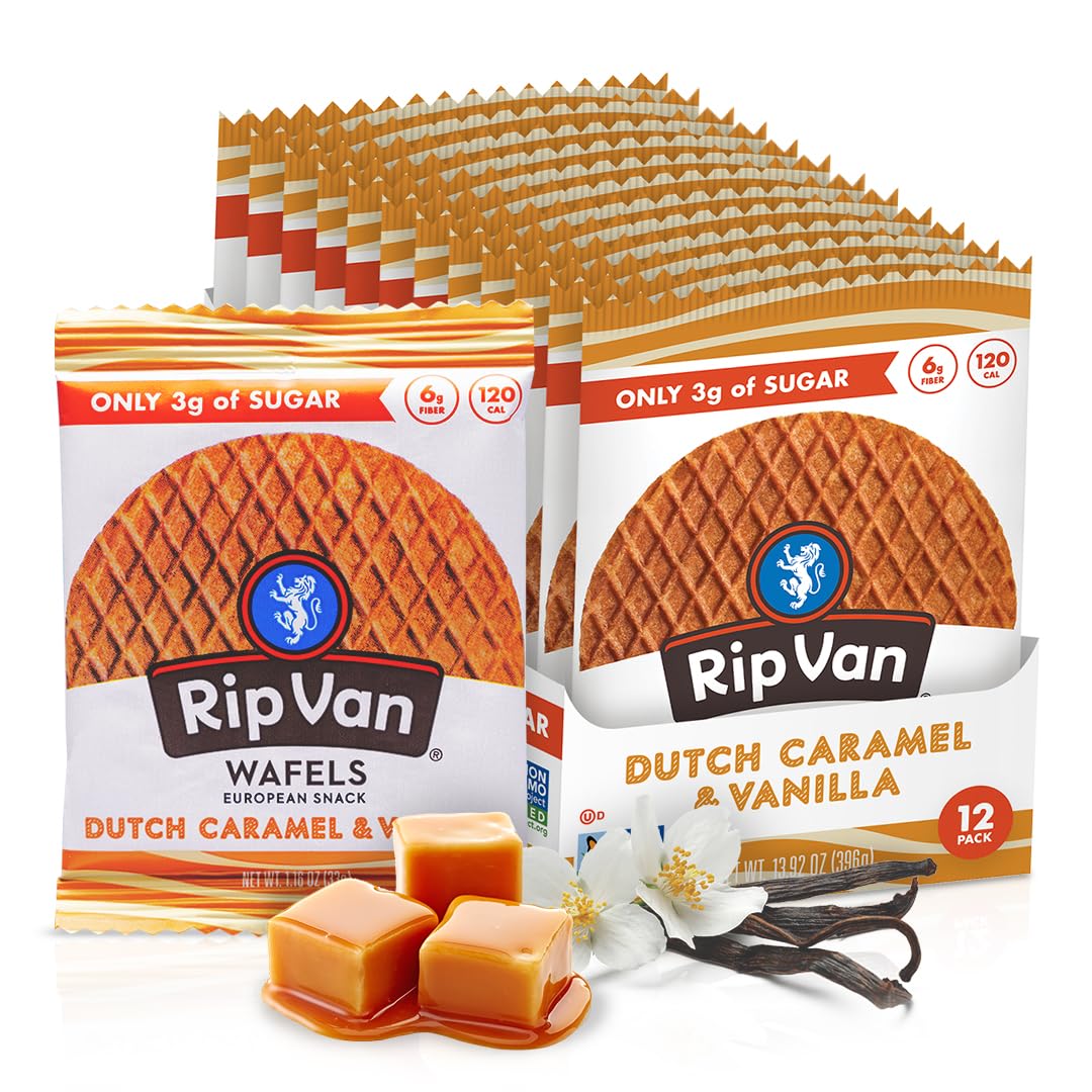 Rip Van Wafels Dutch Caramel & Vanilla Stroopwafels, Healthy Snacks, Non - GMO, Low Calorie, Low Sugar (3g), Office Snacks, Keto Friendly, 12 Count - Fresh Hearth
