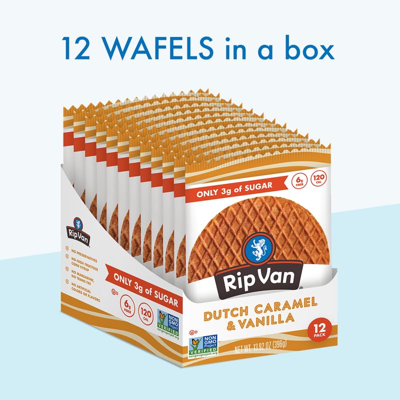 Rip Van Wafels Dutch Caramel & Vanilla Stroopwafels, Healthy Snacks, Non - GMO, Low Calorie, Low Sugar (3g), Office Snacks, Keto Friendly, 12 Count - Fresh Hearth