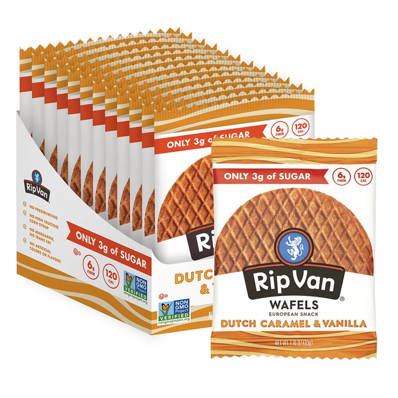 Rip Van Wafels Dutch Caramel & Vanilla Stroopwafels, Healthy Snacks, Non - GMO, Low Calorie, Low Sugar (3g), Office Snacks, Keto Friendly, 12 Count - Fresh Hearth