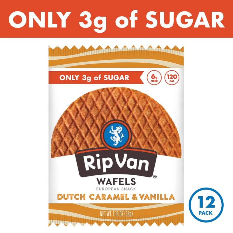 Rip Van Wafels Dutch Caramel & Vanilla Stroopwafels, Healthy Snacks, Non - GMO, Low Calorie, Low Sugar (3g), Office Snacks, Keto Friendly, 12 Count - Fresh Hearth