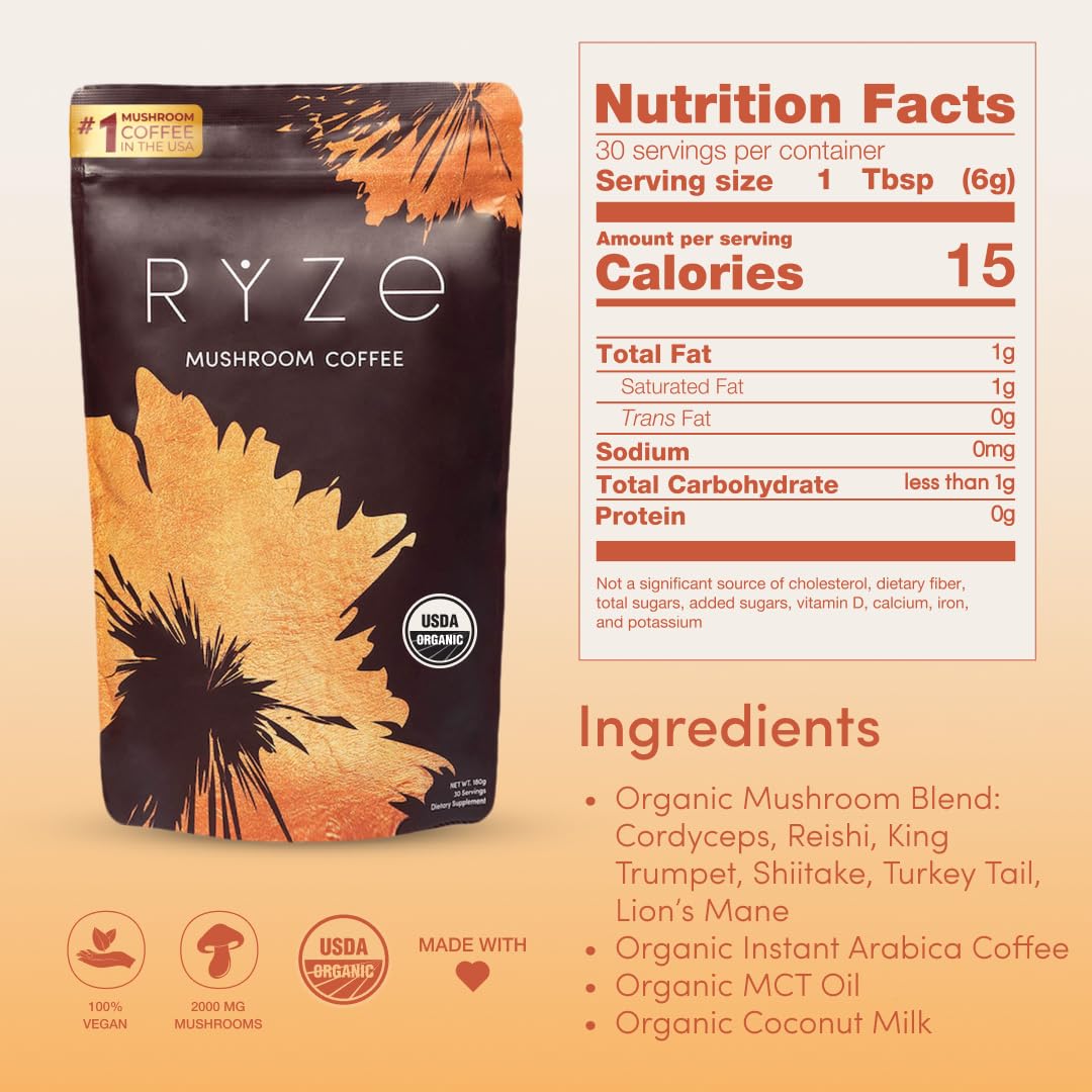 RYZE SUPERFOODS Mushroom Coffee USDA Organic with 6 Adaptogenic Mushrooms and MCT Oil, USA Grown Instant Coffee for Better Energy, Focus, Digestion, Immunity with Lions Mane & Turkey Tail, 30 servings - Fresh Hearth