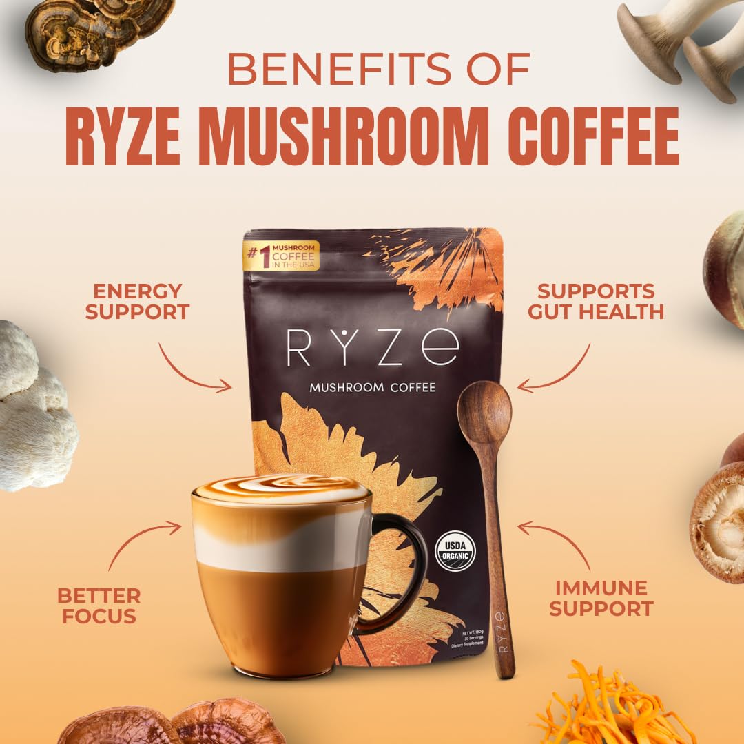 RYZE SUPERFOODS Mushroom Coffee USDA Organic with 6 Adaptogenic Mushrooms and MCT Oil, USA Grown Instant Coffee for Better Energy, Focus, Digestion, Immunity with Lions Mane & Turkey Tail, 30 servings - Fresh Hearth