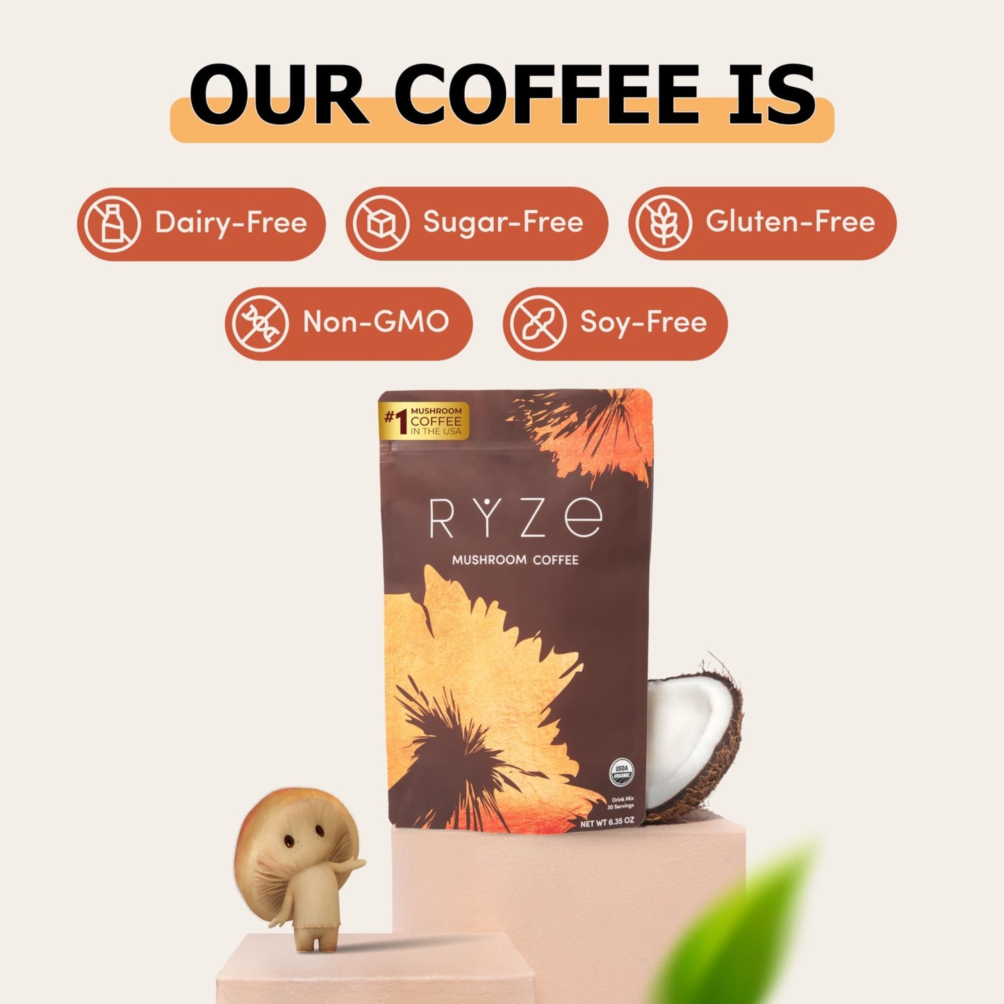 RYZE SUPERFOODS Mushroom Coffee USDA Organic with 6 Adaptogenic Mushrooms and MCT Oil, USA Grown Instant Coffee for Better Energy, Focus, Digestion, Immunity with Lions Mane & Turkey Tail, 30 servings - Fresh Hearth