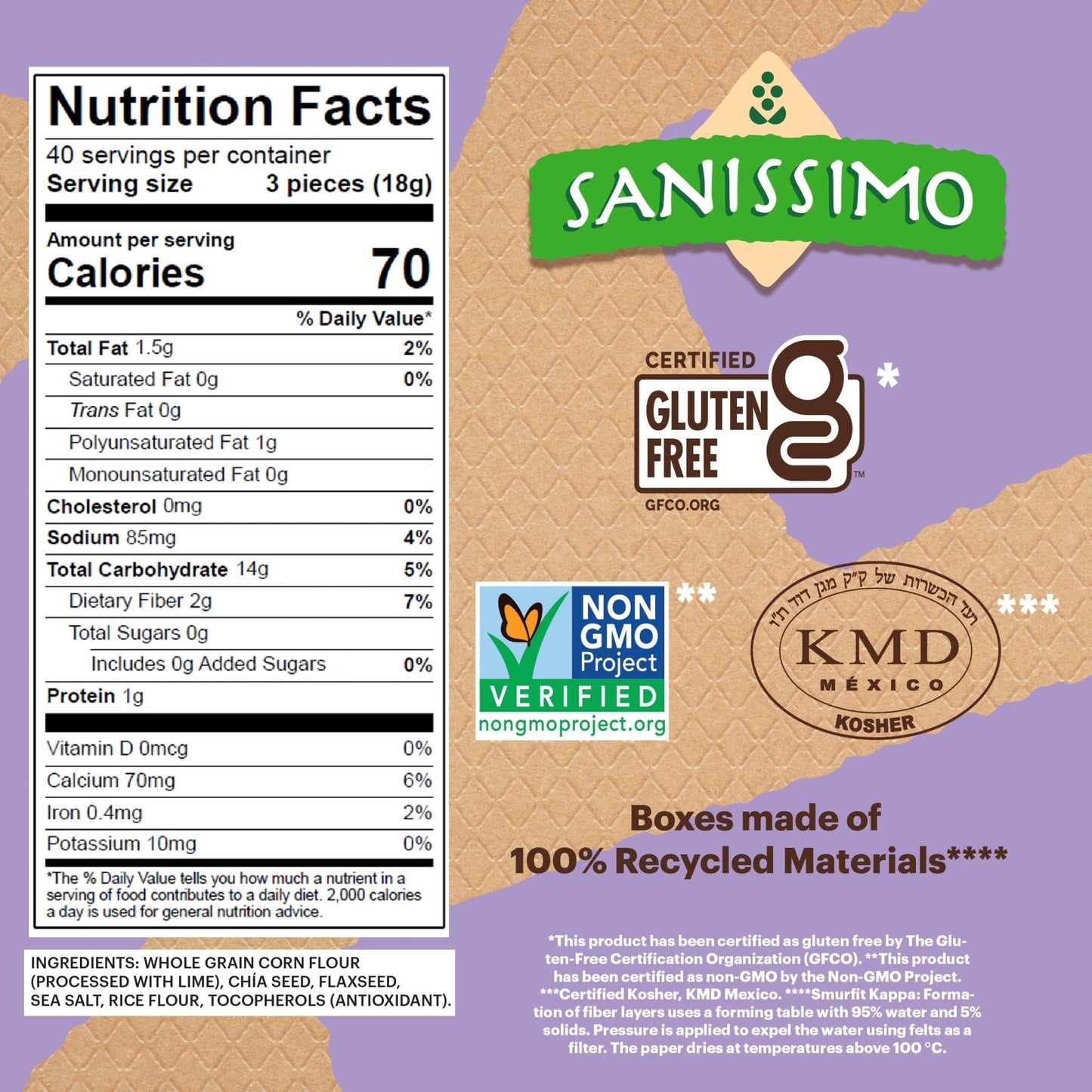 Sanissimo Salmas Chia & Flaxseed, 40 Packs of 3 Crackers, Oven Baked Corn Crackers, Gluten Free, Non - GMO, Kosher Certified - Fresh Hearth