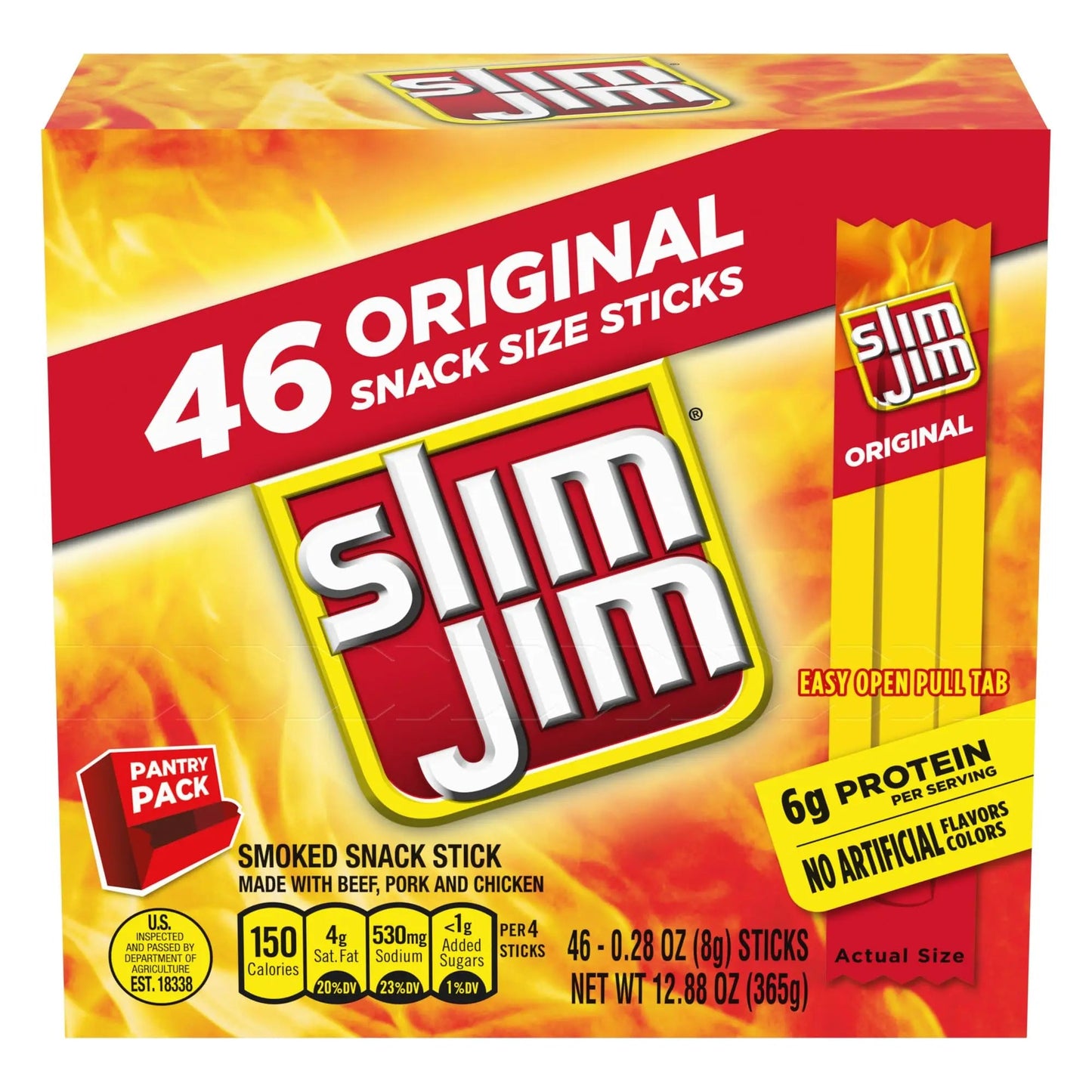 Slim Jim Smoked Meat Sticks, Original Flavor, 6g Protein Per Serving, Snack Size, 0.28 oz. (46 Count) - Fresh Hearth