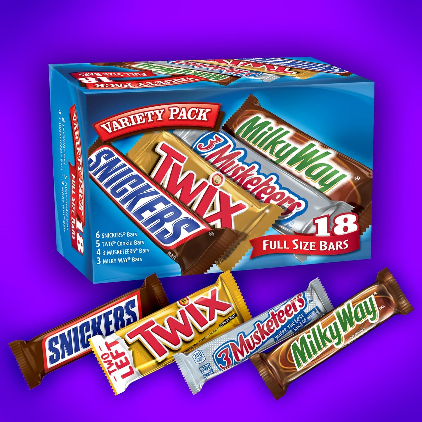 SNICKERS, TWIX, MILKY WAY & 3 MUSKETEERS Individually Wrapped Variety Pack Full Size Milk Chocolate Halloween Candy Bars Assortment, 33.31 oz, 18 Bars Bulk Candy Box - Fresh Hearth