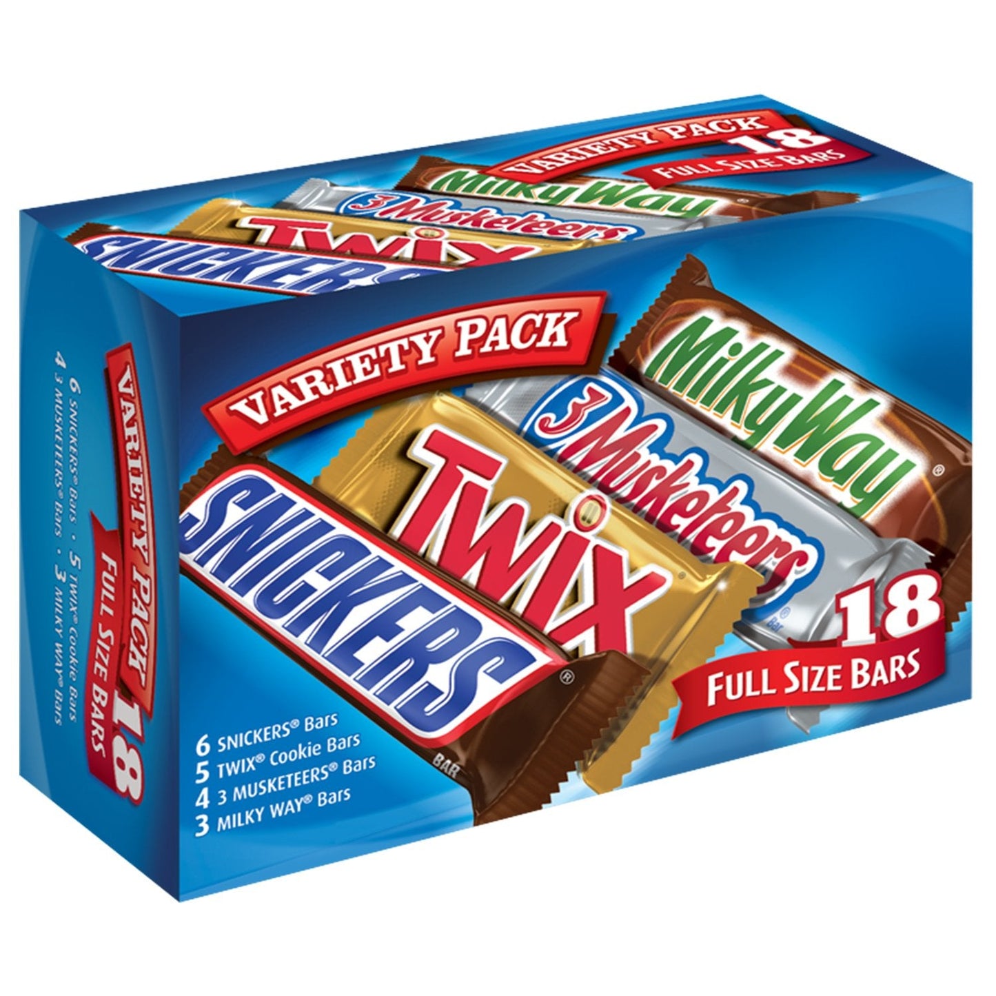 SNICKERS, TWIX, MILKY WAY & 3 MUSKETEERS Individually Wrapped Variety Pack Full Size Milk Chocolate Halloween Candy Bars Assortment, 33.31 oz, 18 Bars Bulk Candy Box - Fresh Hearth