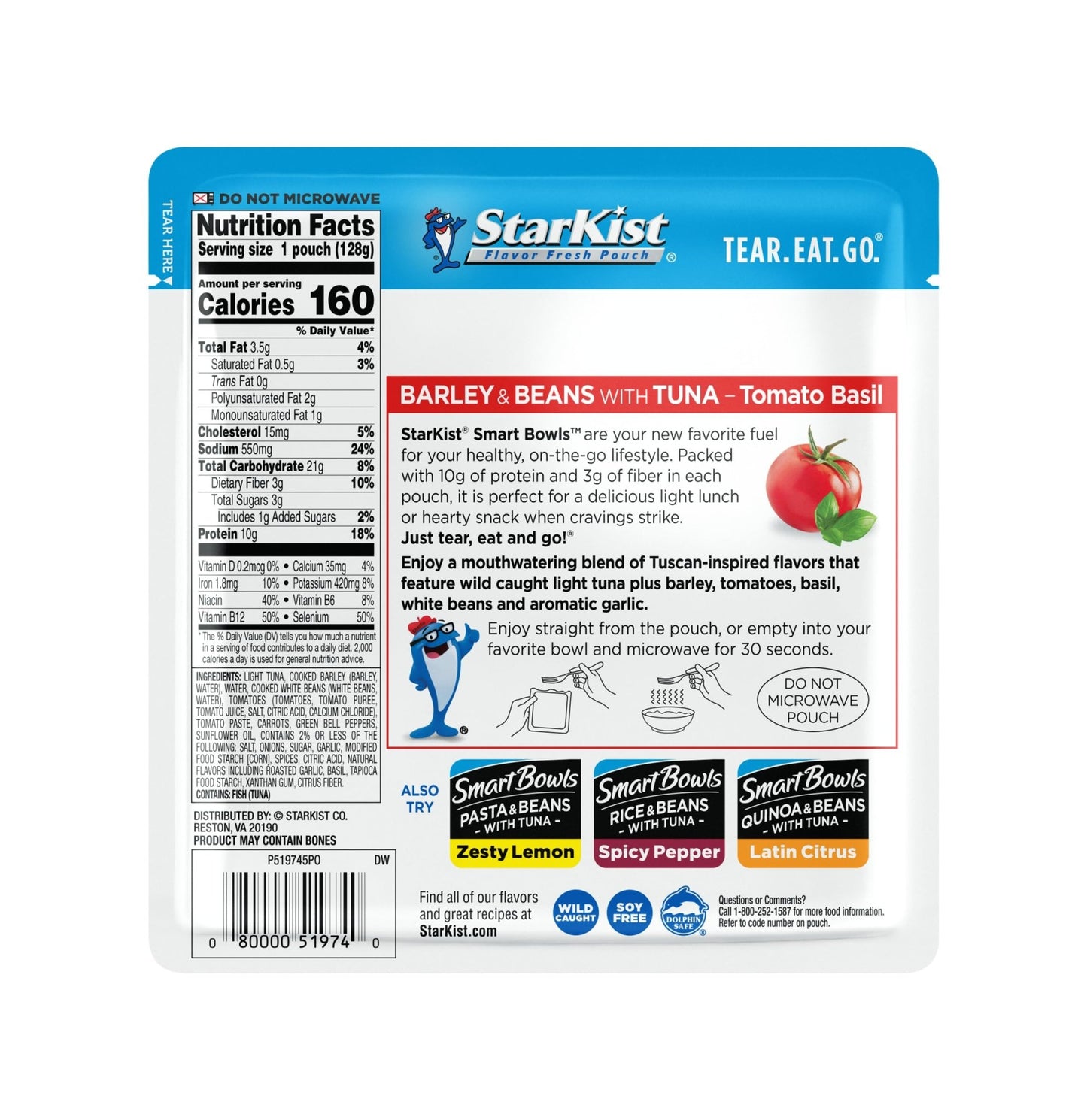 StarKist Smart Bowls Tomato Basil, 4.5 oz Pouch (Pack of 12) - Features Barley & Beans with Wild Caught Light Tuna - Fresh Hearth