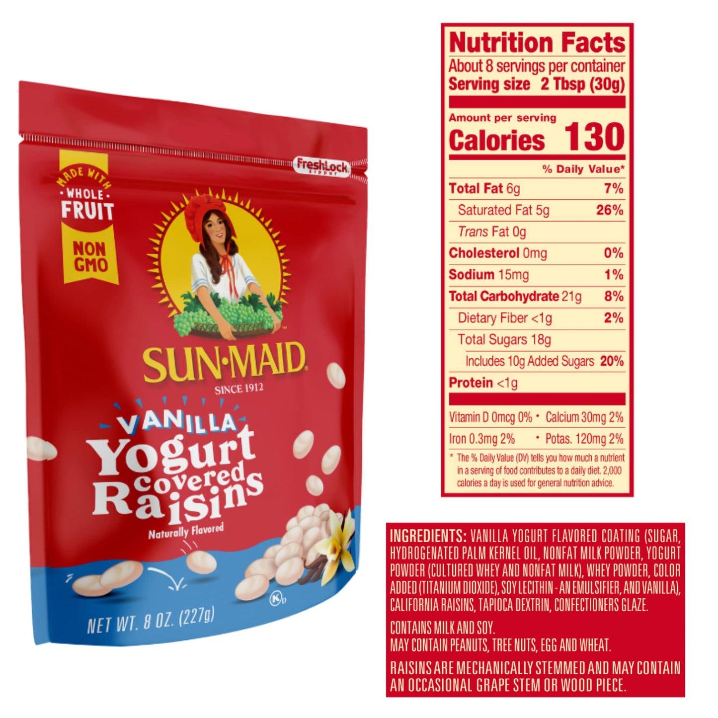 Sun - Maid Vanilla Yogurt Coated Raisins - (12 Pack) 8 oz Resealable Bag - Yogurt Covered Dried Fruit Snack for Lunches and Snacks - Fresh Hearth