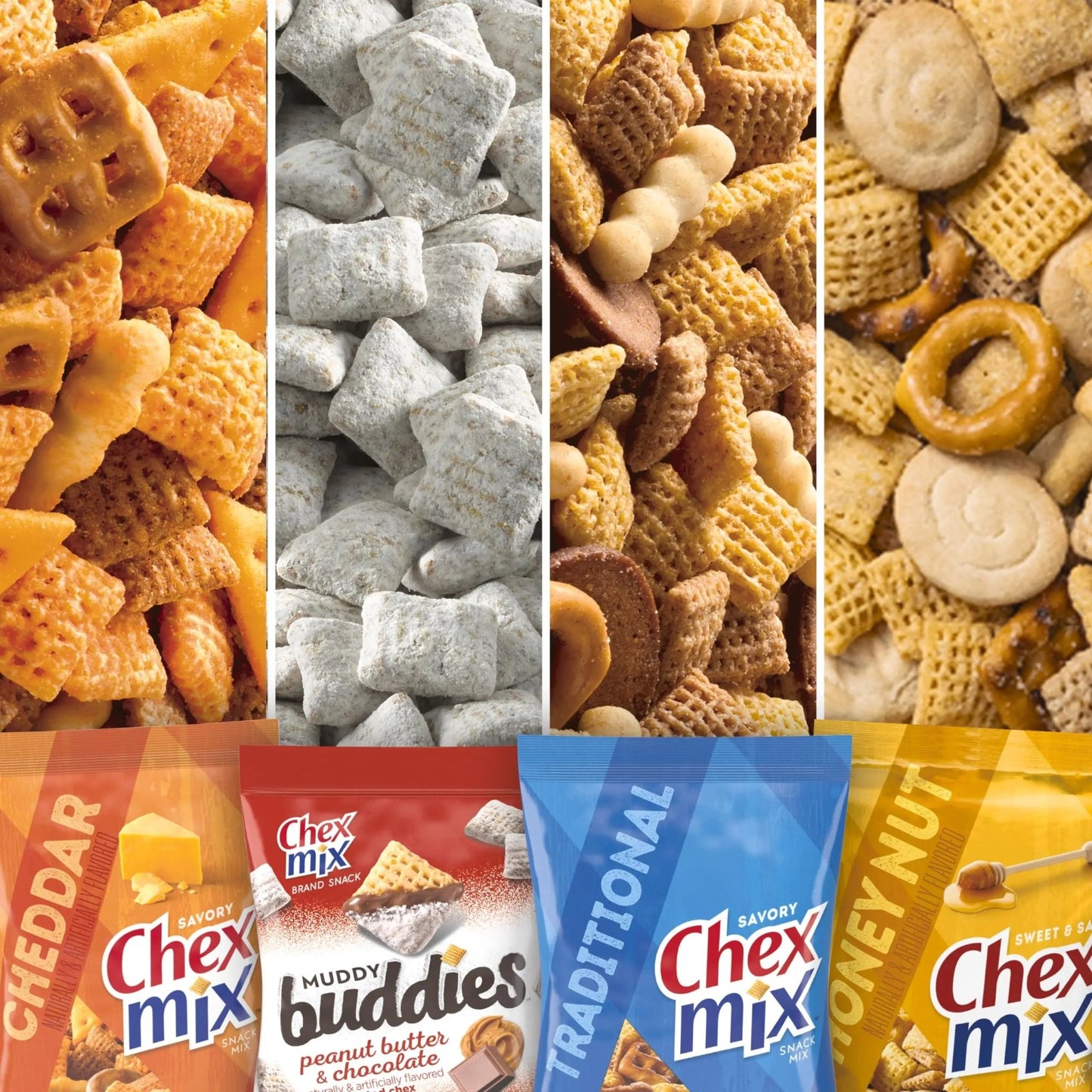 Sweet & Salty Snack Variety Pack, Muddy Buddies Peanut Butter & Chocolate, Chex Mix Traditional, Cheddar & Honey Nut, 35 oz (20 Bags) - Fresh Hearth